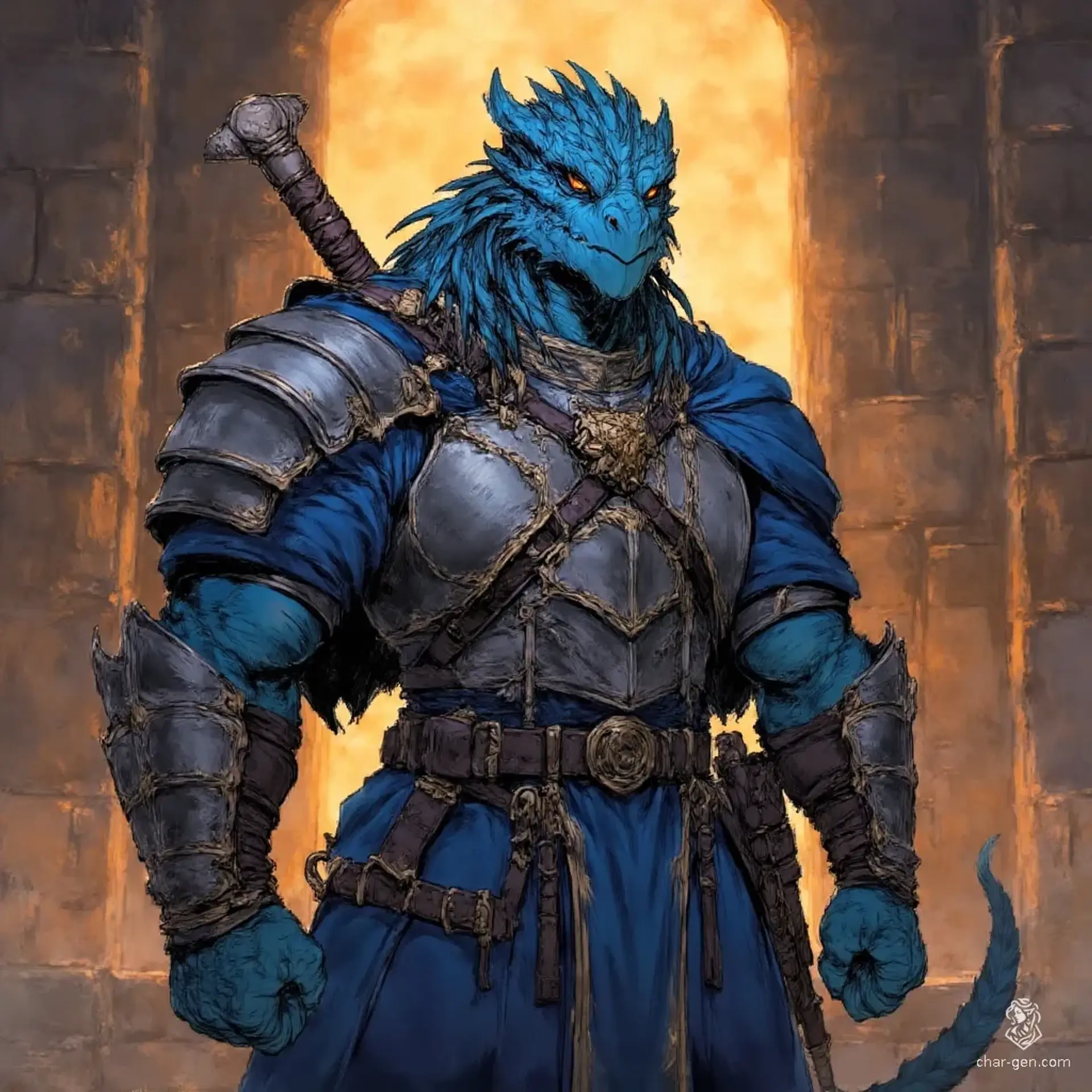 Varkun Tzalrishk, Scales of the Sapphire Dawn - AI-generated fantasy NPC