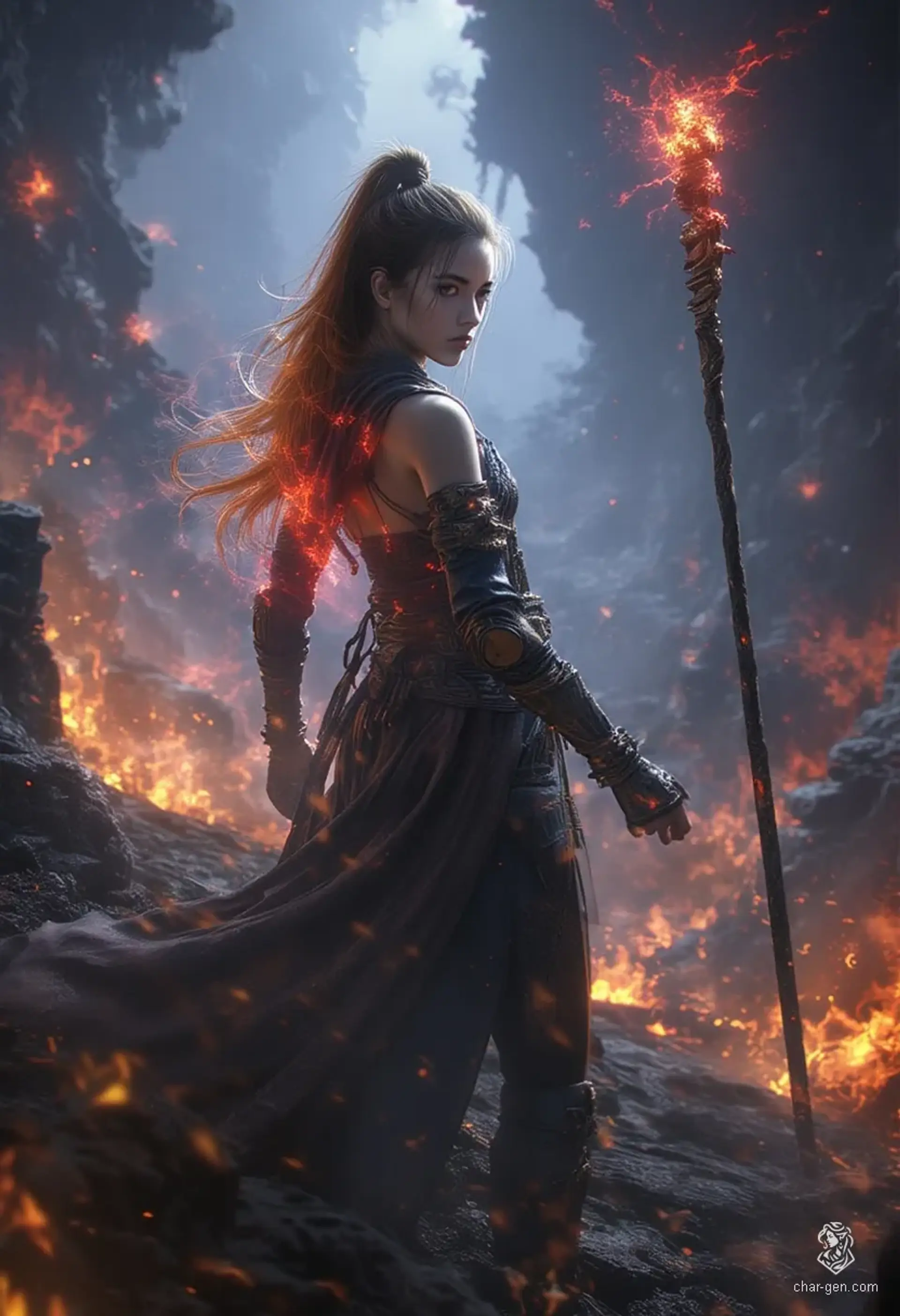 Aleira Emberstorm is a formidable young fire wizard, clad in intricately rune-etched leather armor over a sleek black leotard. With flowing orange hair and a staff radiating red magical energy, she exudes serene determination, embodying fierce devotion to the flames and arcane mastery.