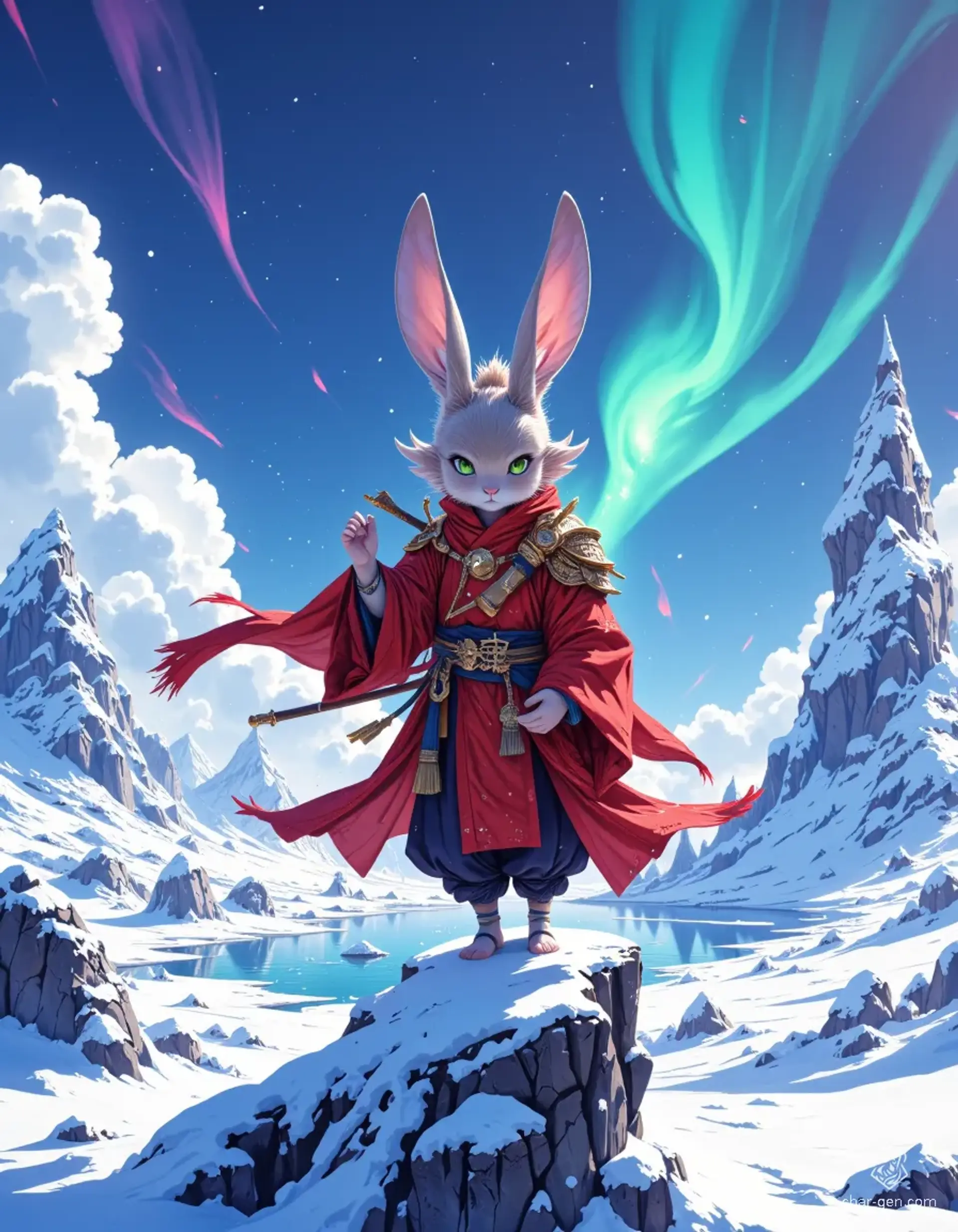 In the serene expanse of the arctic, a Harengon monk exudes tranquility, balancing effortlessly on one finger. His small, anthropomorphic frame showcases soft rabbit features—long ears, a whiskered snout, and a fur-covered head—embodying grace and strength in a frozen world.