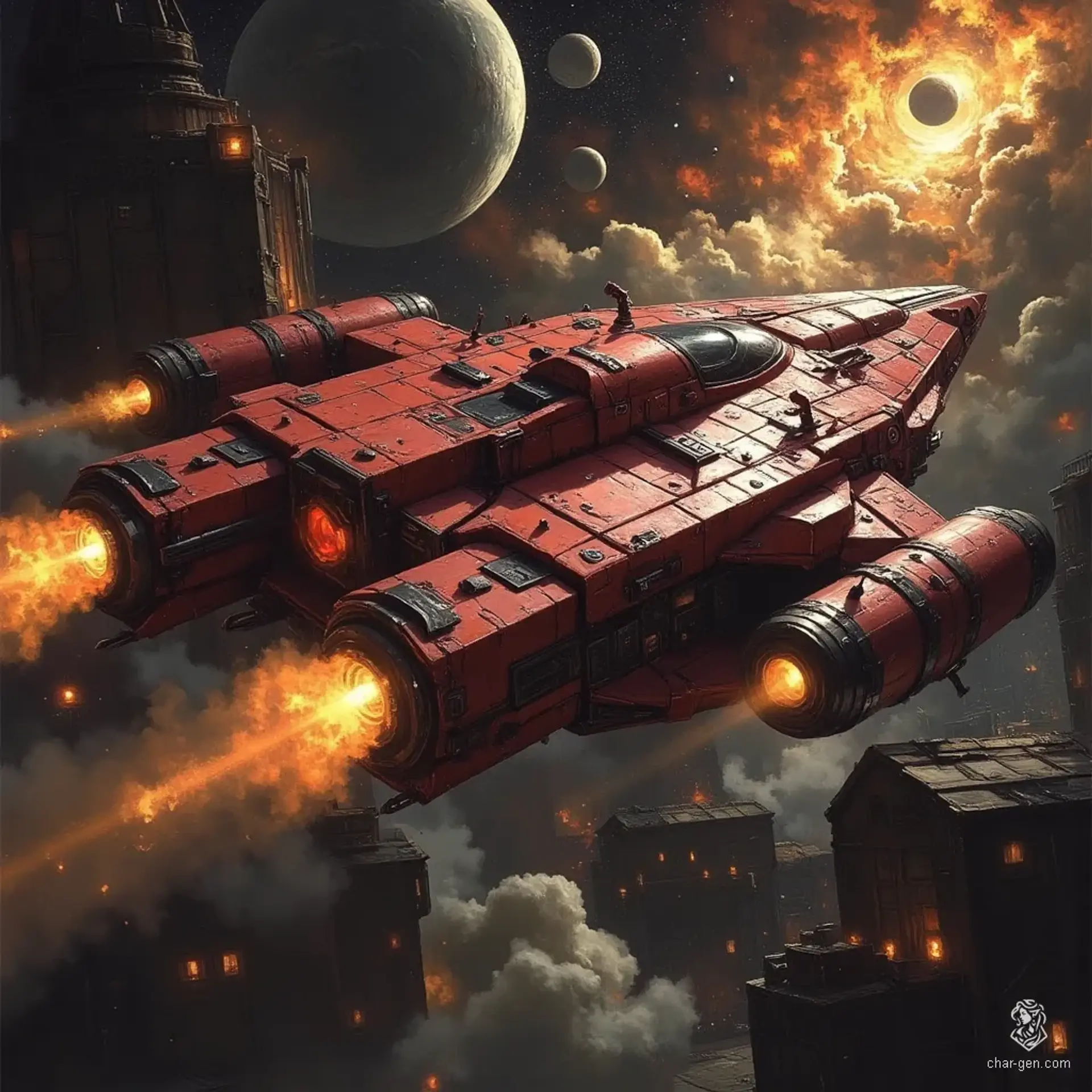 The Crimson Fist, a formidable Modified Corsair Raider, boasts a menacing red hull adorned with scars and battle markings. This rugged vessel, equipped with a lethal arsenal of beam lasers and missile racks, drifts in the shadow of a larger ship, poised to unleash its predatory wrath at any moment.
