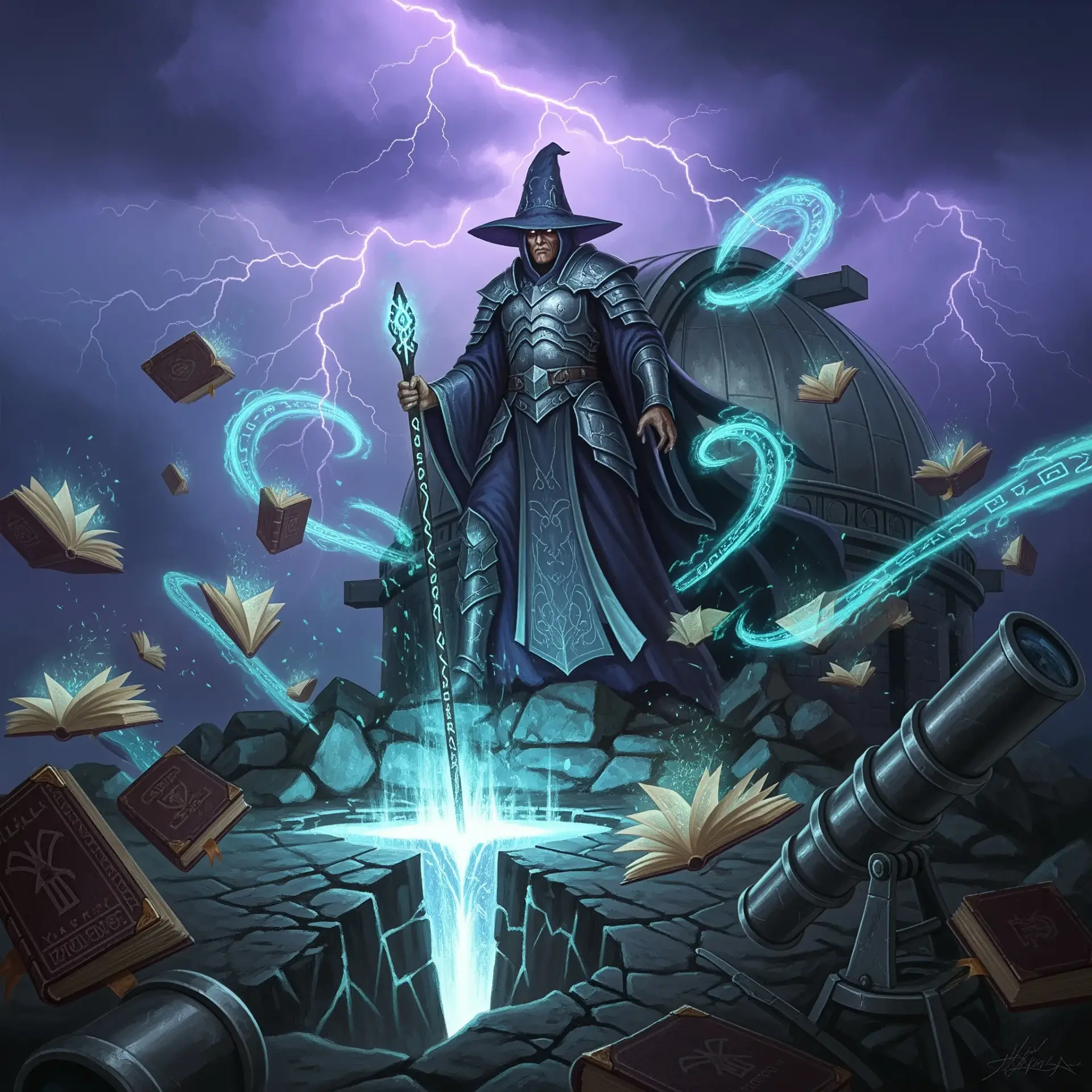 An ancient human archwizard stands triumphant atop a ruined observatory, staff rune-etched and driven into a fissure that yawns with a luminous planar rift. Violet lightning rim-lights floating tomes and shattered telescopes as arcane motes whirl in a thunderous, awe-inspiring storm of indigo, storm-grey, silver and electric cyan.