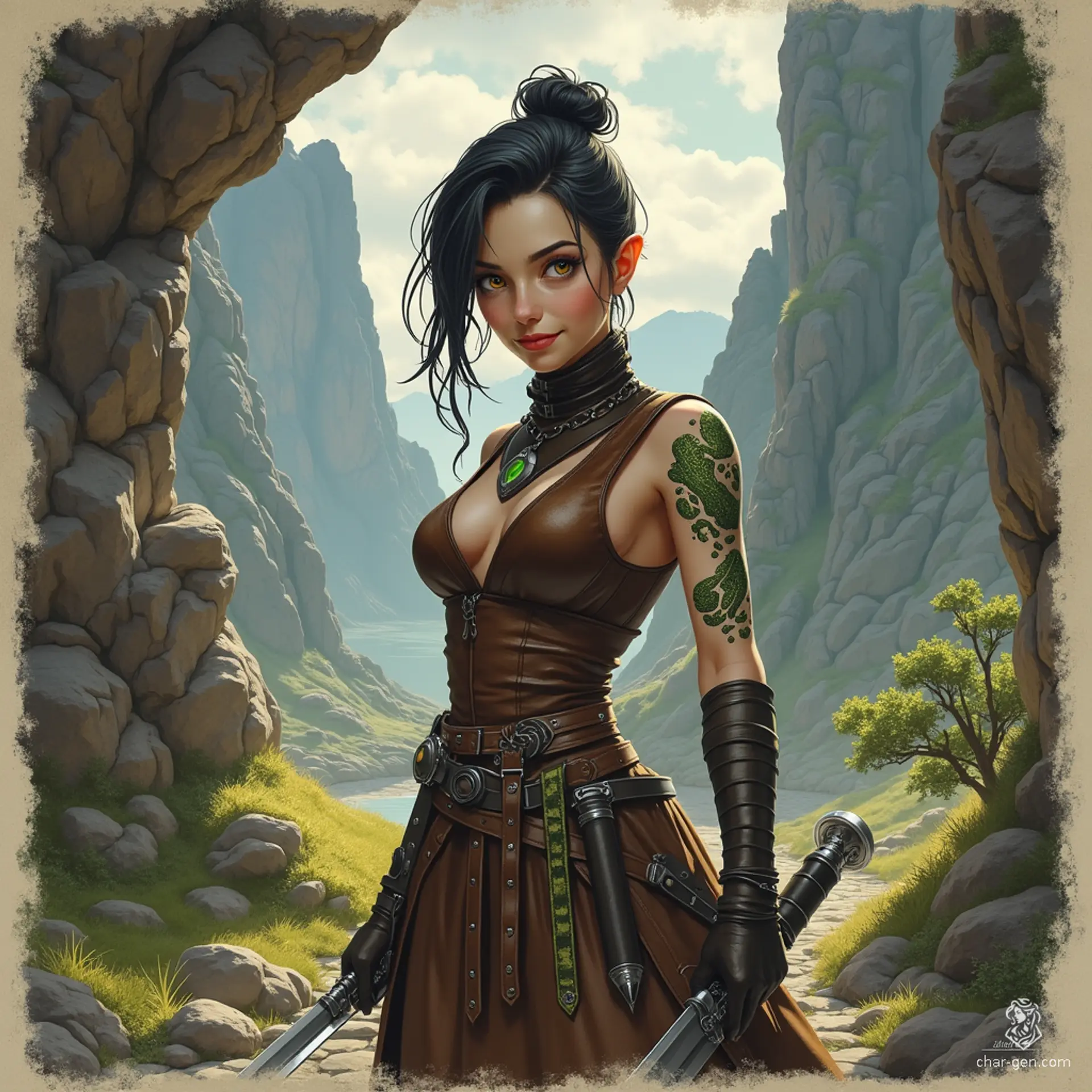 Izzy, a perky halfling assassin, stands 1.5 meters tall with striking yellow-green eyes and snake-scale tattoos adorning her bare arms. Clad in a tight brown leather tunic, she lurks in the shadows, exuding an aura of deadly competence and a playful malice that hints at the thrill of her lethal hunt.