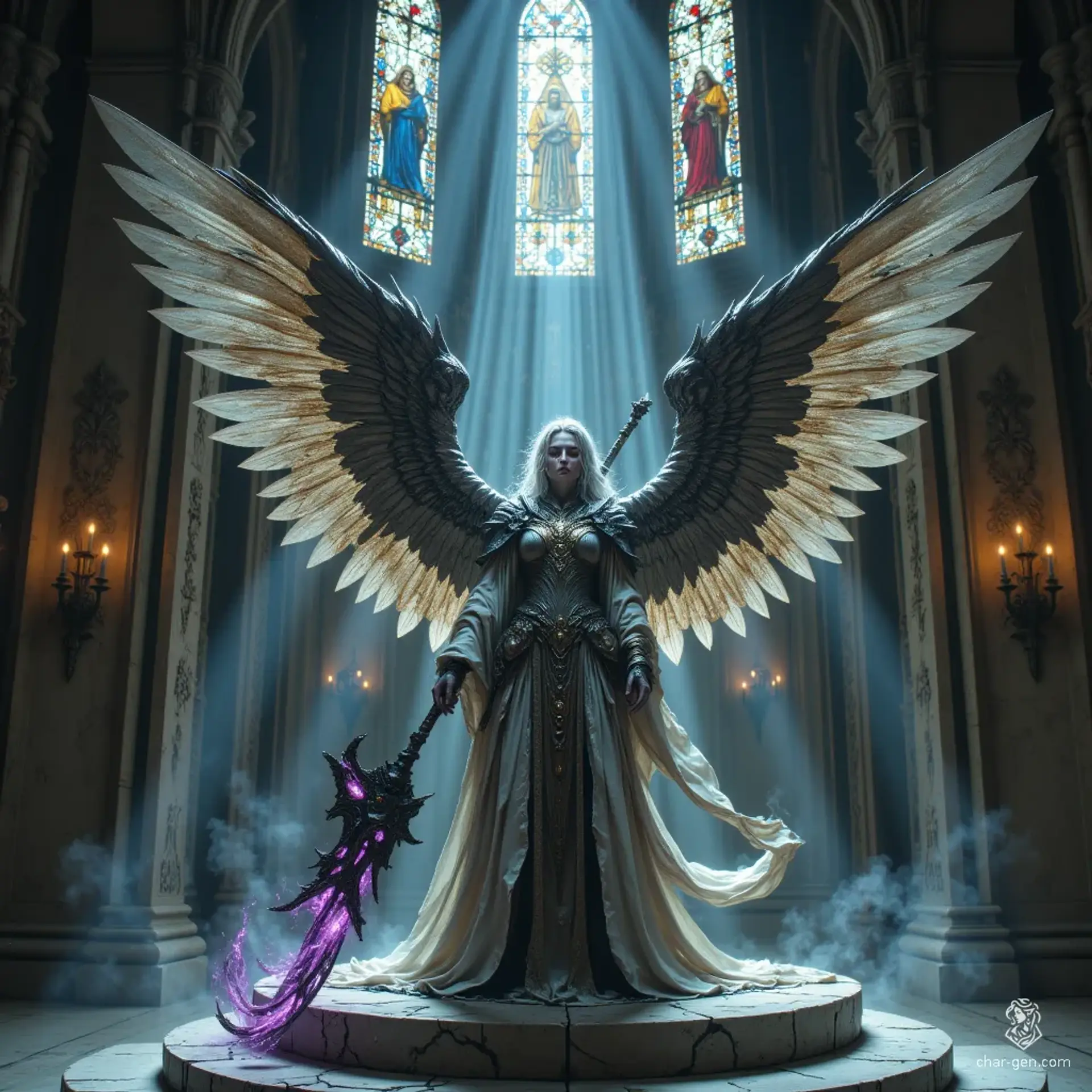 A fallen Valkyrie, burdened by centuries of sorrow, stands resolute on her stone dais. Her once-majestic silver wings, now tarnished, exude ethereal smoke. With crimson tears streaking her regal face and a corrupted spear in hand, she embodies a haunting mix of duty, defiance, and lost glory.