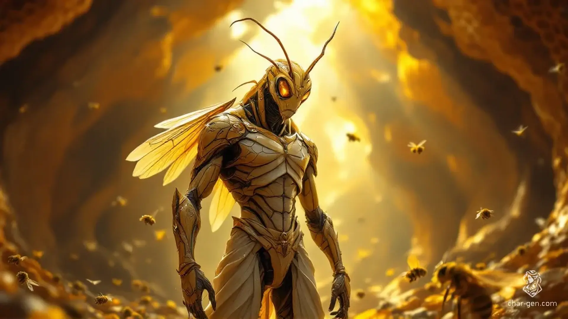 Meet Kree'zan, a diligent worker bee reskin of a Thri-kreen. With a sturdy, anthropomorphic body and four insectoid arms, he navigates the vibrant hive interior. His gleaming exoskeleton and delicate wings shimmer under dynamic lighting, embodying the harmony of nature’s craftsmanship in a mesmerizing 8K cinematic vision.