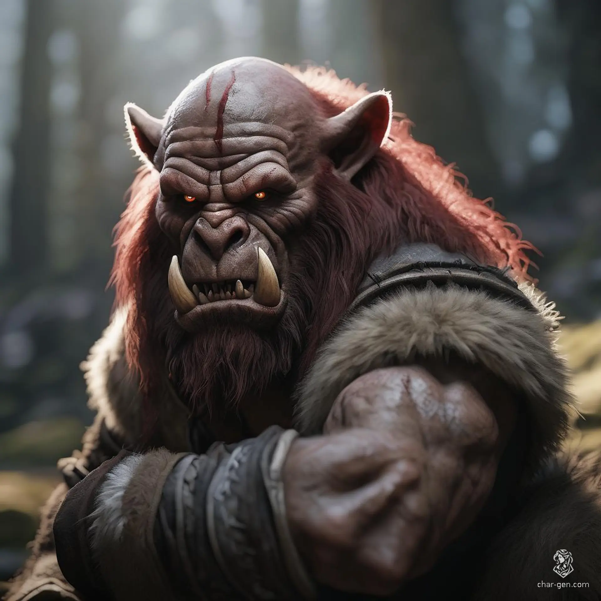 Krom is a fierce and rugged 25-year-old orc totem warrior from the Dragonlance universe. Standing 6'6" and weighing 250 lbs, he possesses immense strength and agility. Covered in reddish-brown fur with thick patches on his shoulders and back, Krom wields a prominent maul. With piercing yellow eyes and bold ripe cherry red hair, he embraces change and lives life to its fullest. As the last of his tribe, Krom travels with the gnome Pigsly, determined to protect him and ensure his tribe's legacy endures.