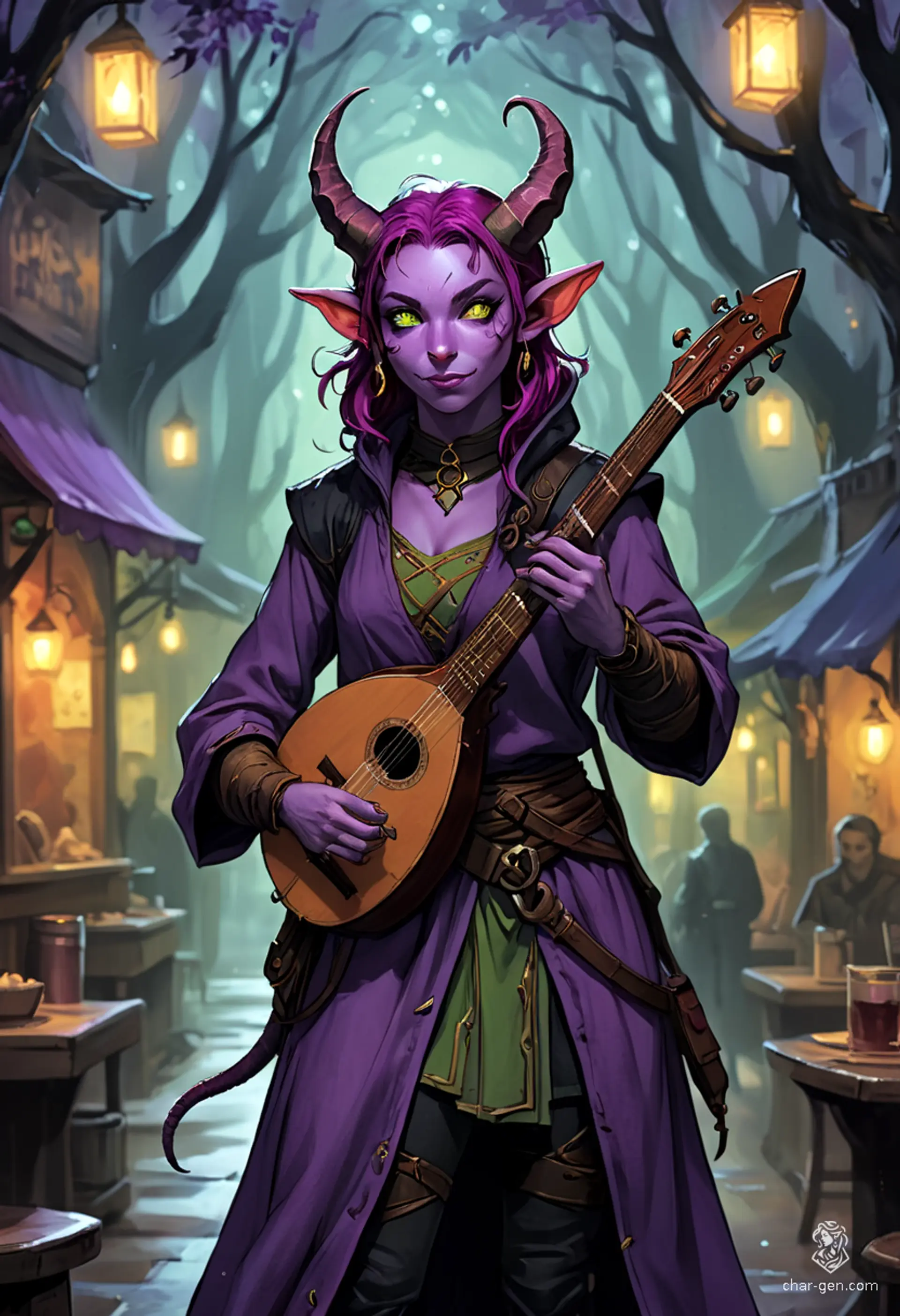 Lyrica Chantenuit, a 25-year-old tiefling bard, enchants audiences with her lute, her nimble fingers dancing across the strings. With striking purple skin, rich plum hair, and alluring green eyes, she captivates with expressive gestures. A charming soldier, she navigates the world with youthful exuberance.