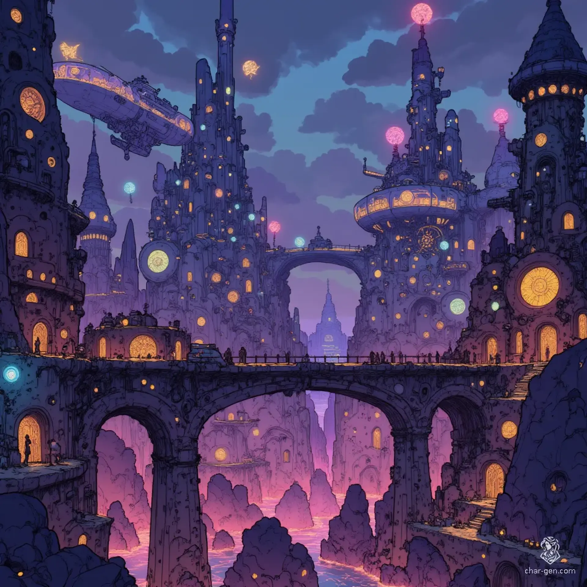 The City of Towers, Sharn, rises majestically with its hundreds of towering spires connected by intricate bridges. This metropolitan marvel presents a vivid tableau of dynamic contrasts, where bold colors illuminate the city in stylized noir fashion. Floating airships drift against a backdrop of bustling steampunk-inspired streets beneath a sky filled with industrial smoke and magical auras.