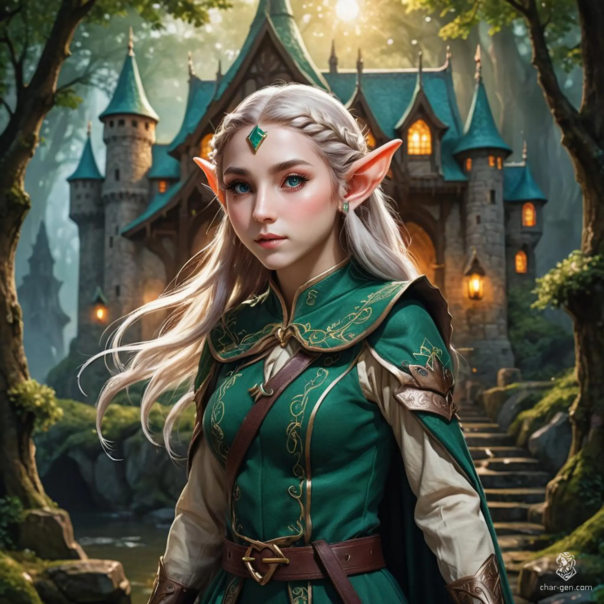 Elyndra, a graceful elf from the ancient Eldarwen forest, possesses shimmering emerald eyes and silken silver hair. Skilled in archery and nature magic, she safeguards her realm against dark forces, embodying both wisdom and agility as she moves seamlessly through the vibrant woodland.