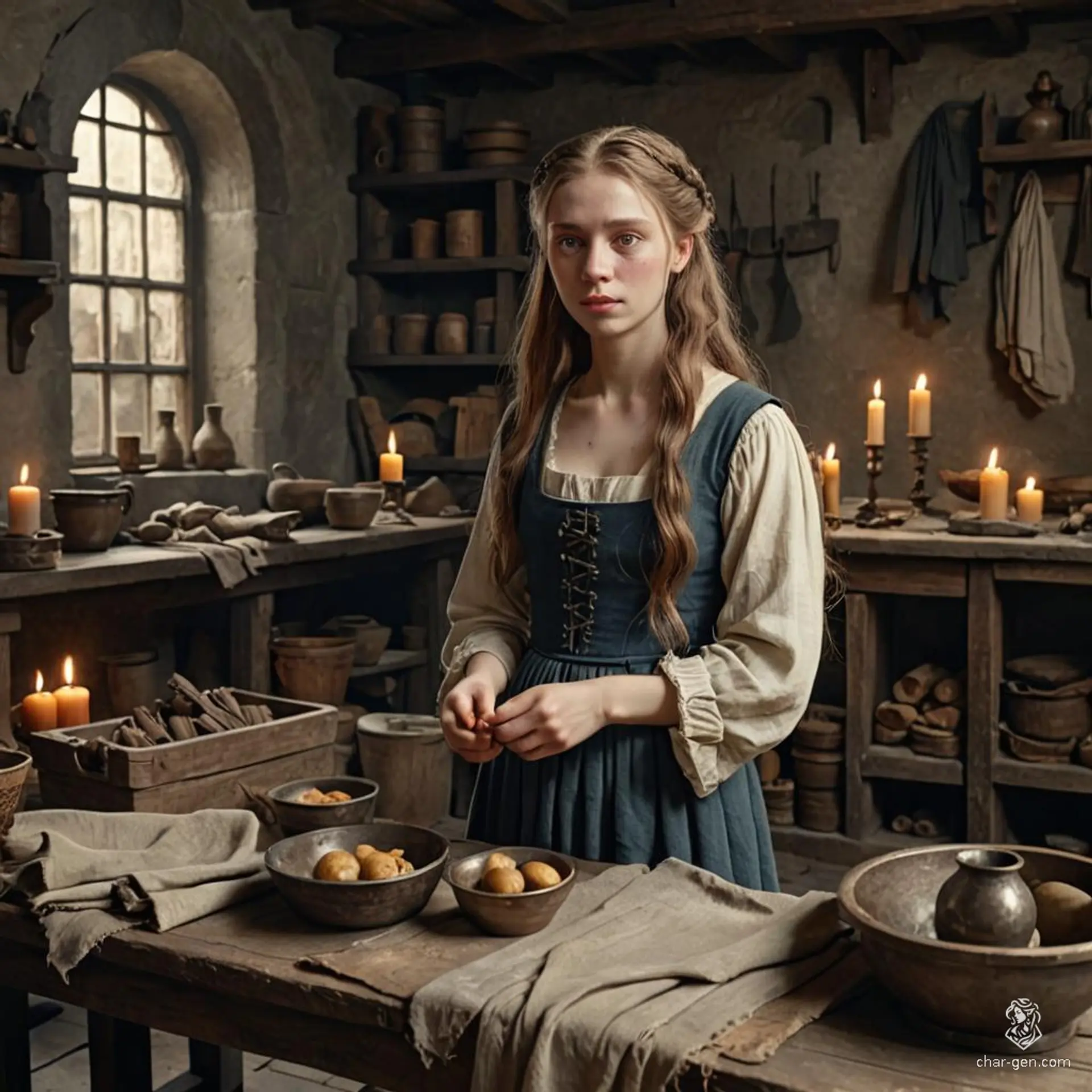 A pale-skinned young woman with long, unkempt hair, dressed in rags, holds a tattered bowl as she begs on the streets. Her destitute appearance and downcast eyes speak of her sorrow and hardship.