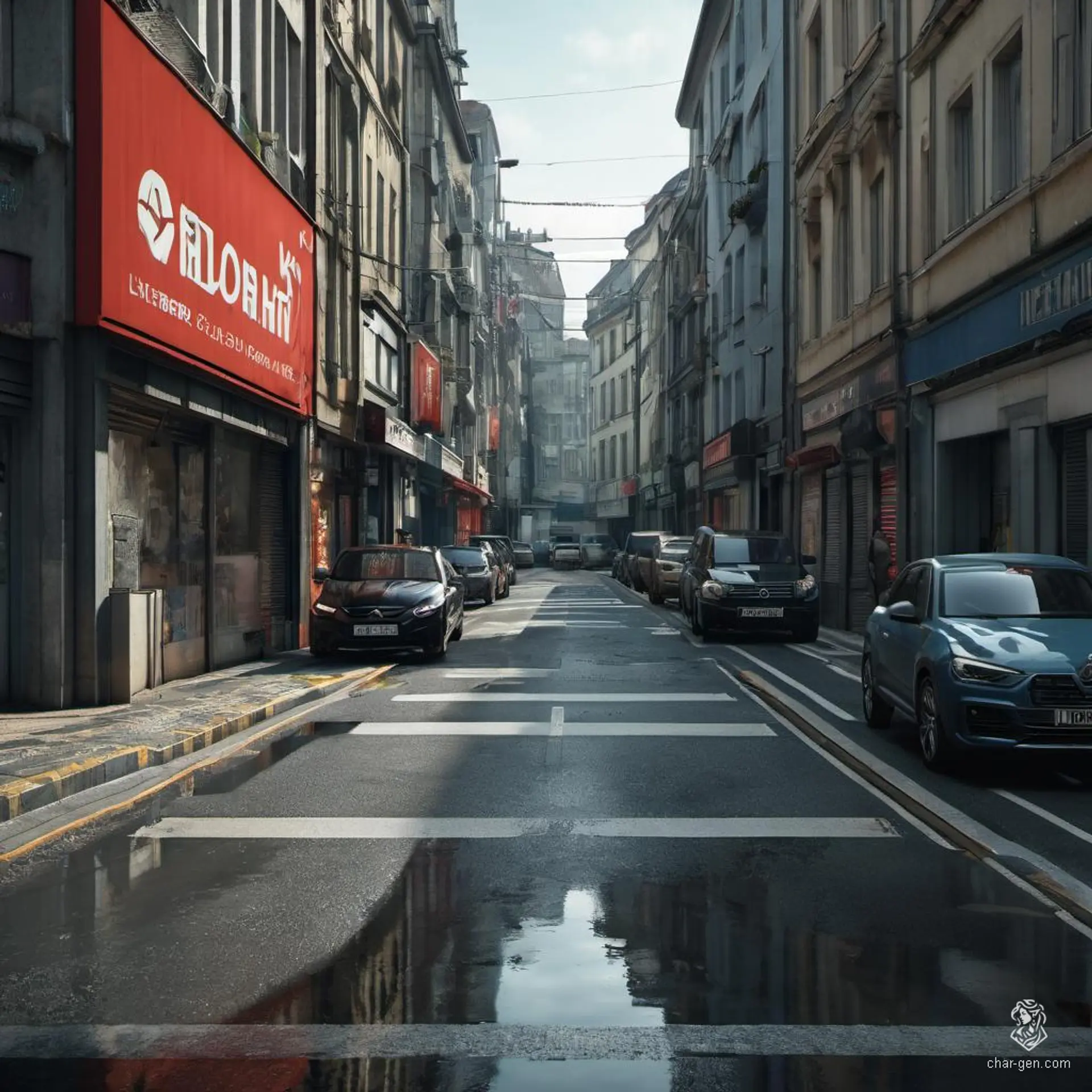 In this hyperrealistic fantasy landscape, a dimly-lit, cobblestone street exudes an eerie atmosphere. Shadows twist around ancient stone buildings, while flickering lanterns cast ghostly glows, hinting at hidden dangers in every darkened alley. The air is thick with foreboding, as if the street itself is alive with secrets.