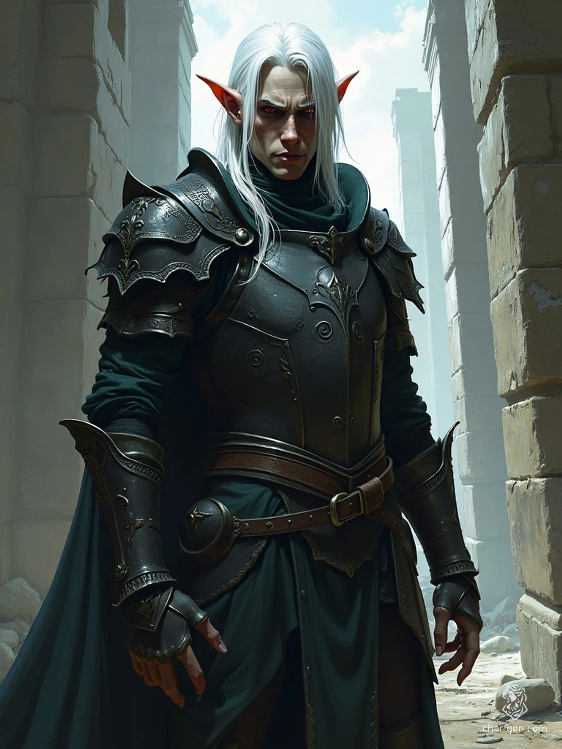 A dignified drow paladin with dark grey skin and striking white hair, exudes a protective aura. His noble stance and unwavering commitment to justice make him a formidable yet honorable figure in any realm.