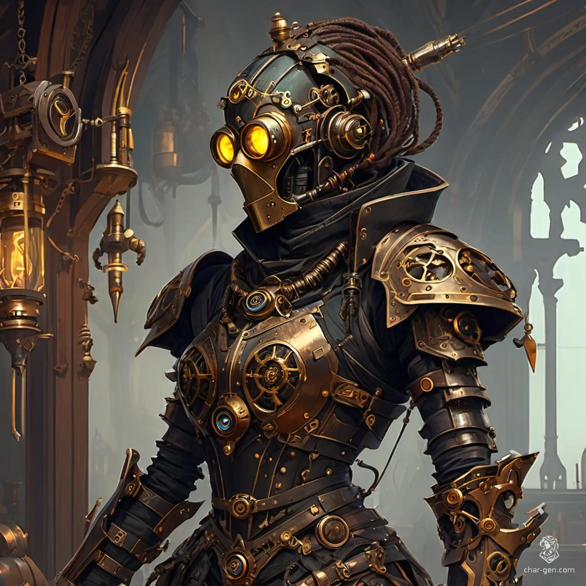 A female warforged, crafted from wood and metal with magical components, serves as a deadly assassin. Clad in dark clothing with concealed daggers, she expertly maneuvers through shadows, her mechanical precision and stealth making her a formidable and unseen threat.