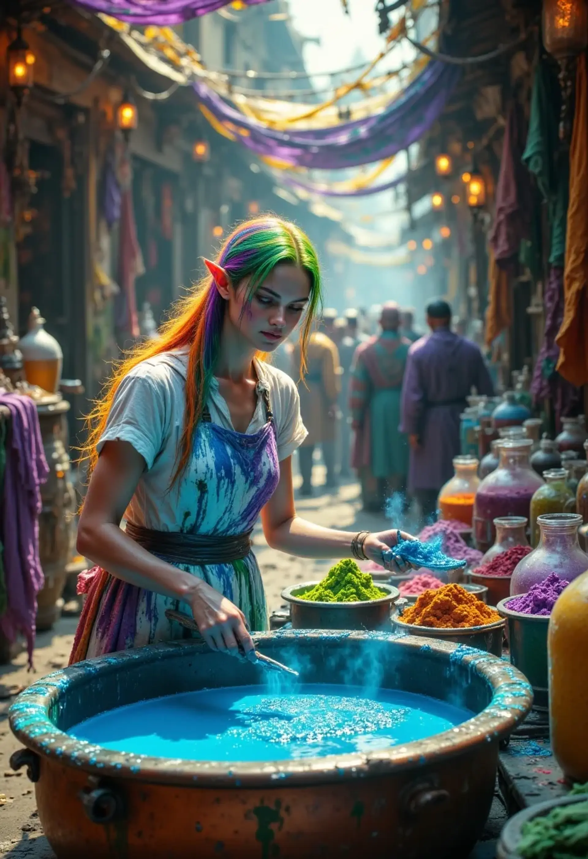 A serene young female elf monk with fair, radiant skin and long flowing rainbow hair stained by vibrant dyes. She skillfully stirs silks in a copper cauldron at her Mardi Gras fabric dying stall, surrounded by vivid fabrics and colorful powders, embodying calm artistry and fluid grace.