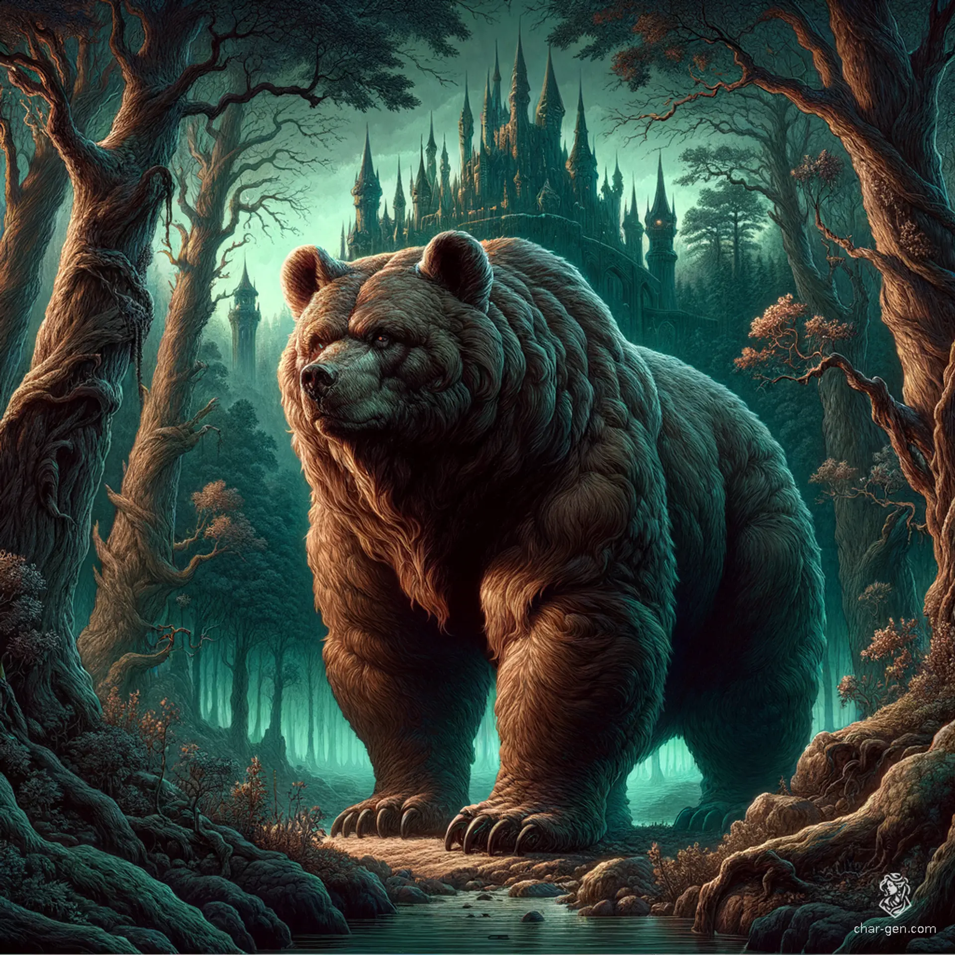The brown bear is a large, burly creature with thick brown fur, round ears, and an imposing, powerful build. This formidable beast roams the wilderness, embodying both strength and majesty in its natural habitat.