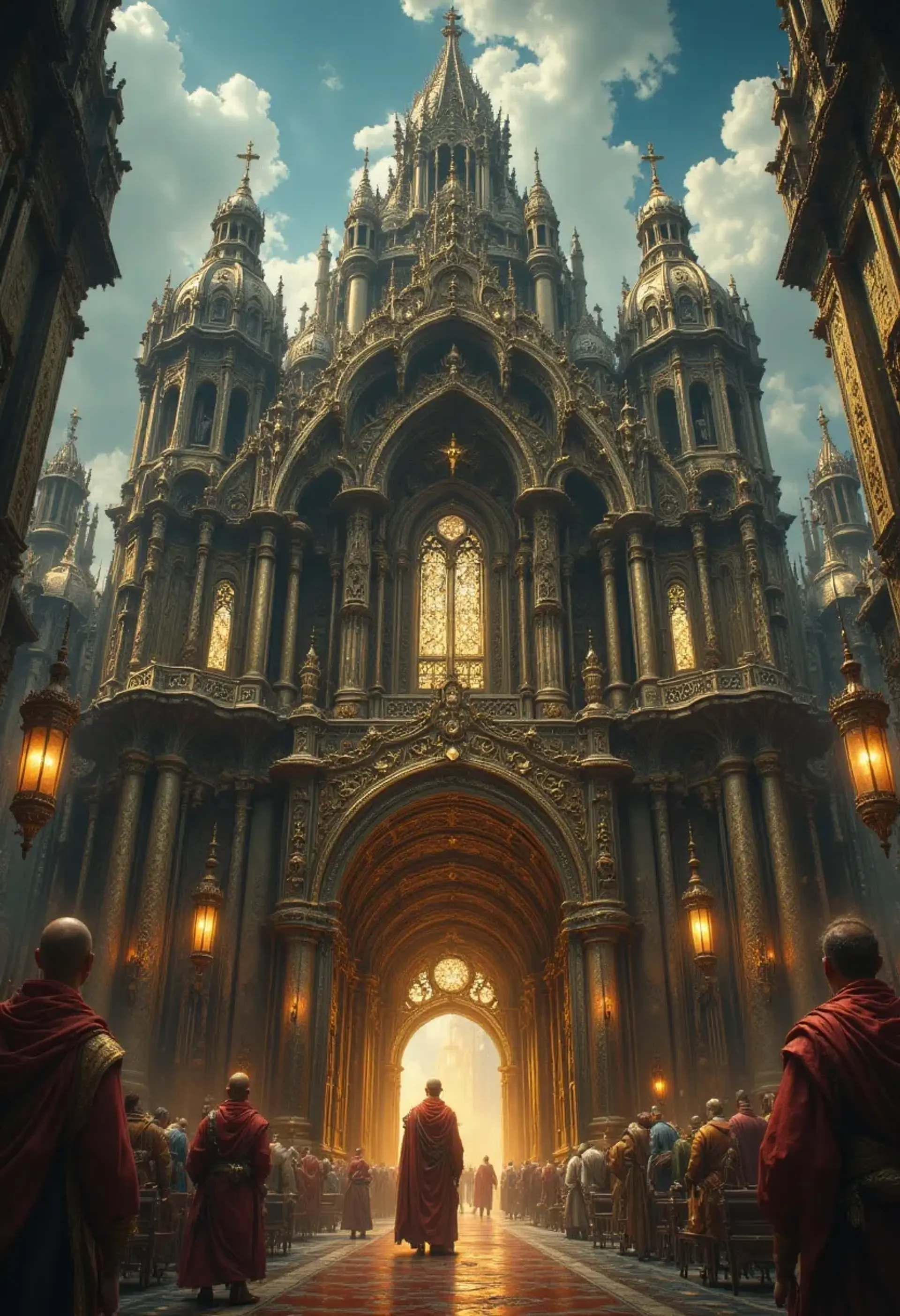 A radiant celestial guardian, cloaked in ethereal robes adorned with intricate patterns of light, stands within an ancient church. Surrounded by atmospheric stained glass, their piercing eyes glow with wisdom, embodying a serene blend of divinity and strength. A protector of faith, they watch over the realm with unwavering devotion.