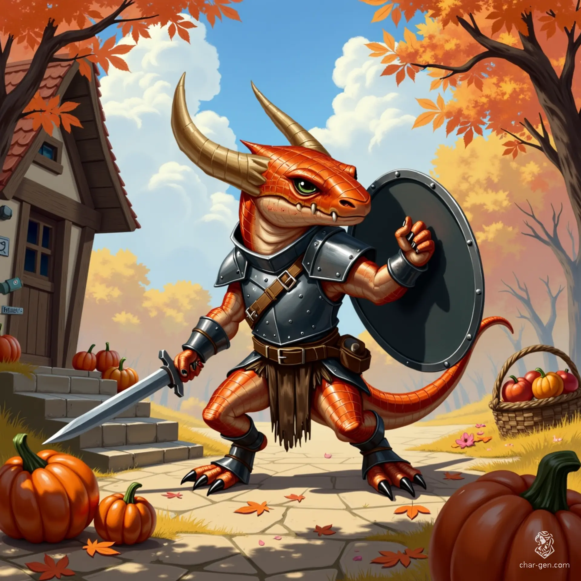 Luna, a fluid-gender half-kobold, half-goloma fighter, boasts a copper-scaled, muscular physique. Clad in steel breastplate and tattered leather armor, they wield a steel shield mid-battle, showcasing their eight black eyes and fierce determination as a hardened outlaw. A dynamic blend of resilience and cunning.