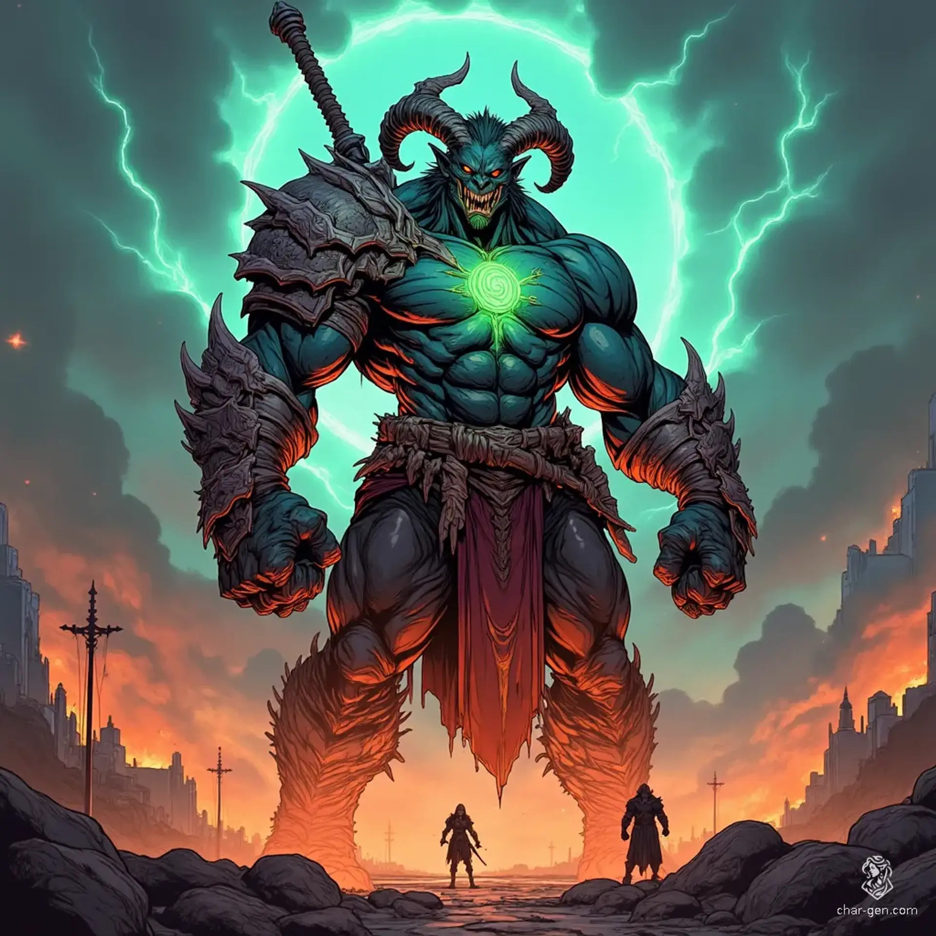 Karaz’thul, the demonic berserker, towers over the battlefield at 15 feet, a hulking mass of muscle encased in charred black armor fused to his flesh. Glowing cracks and fiery eyes radiate rage as he wields razor-sharp talons, heralding chaos with a searing presence among the infernal flames.