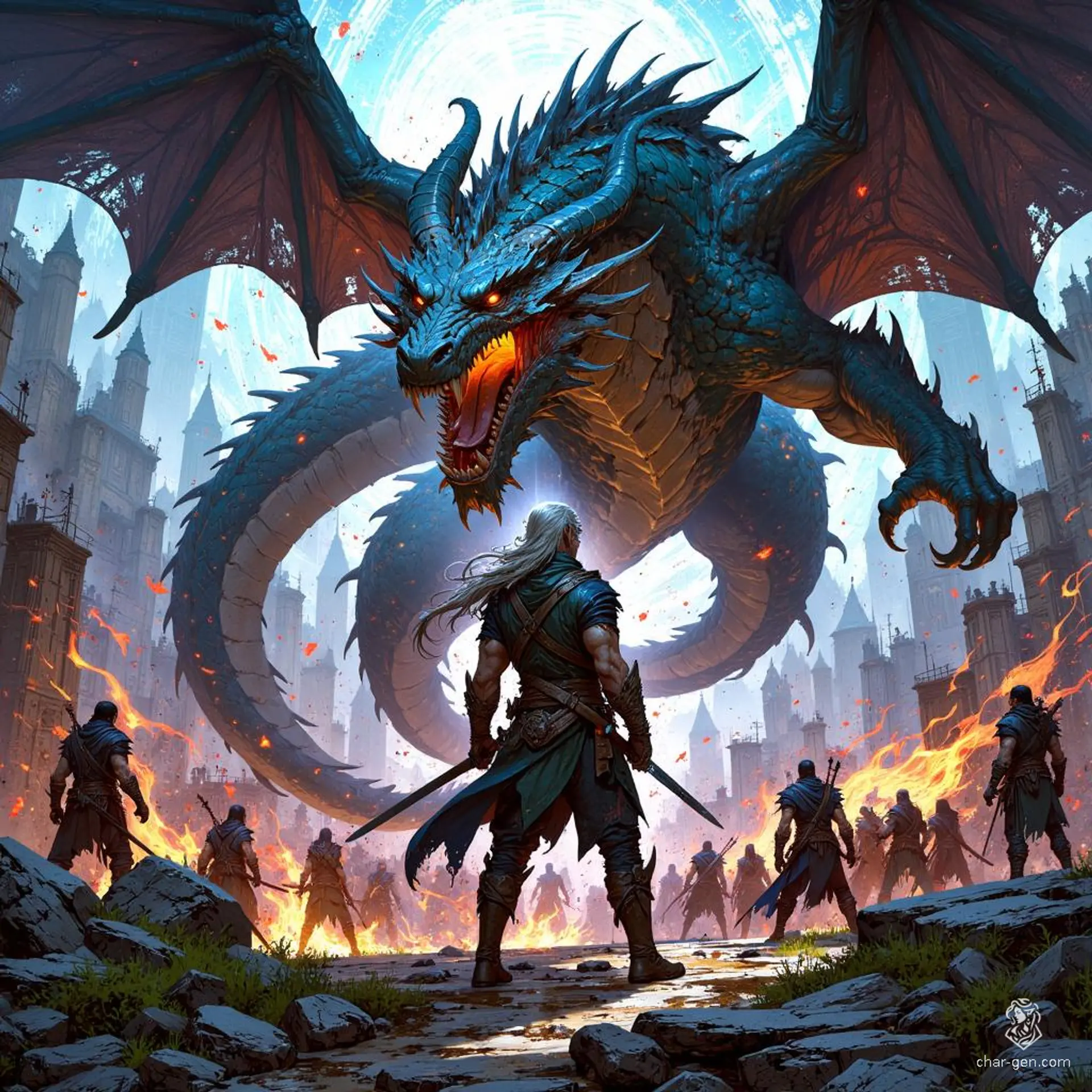 Tancrede, a battle-hardened human fighter, embodies resilience and intelligence at 55. With weathered skin, greying hair, and a scar over one eye, he wields a shortsword fiercely. Once a noble guard captain, he now roams the wilderness, driven by vengeance against a dragon that shattered his past.