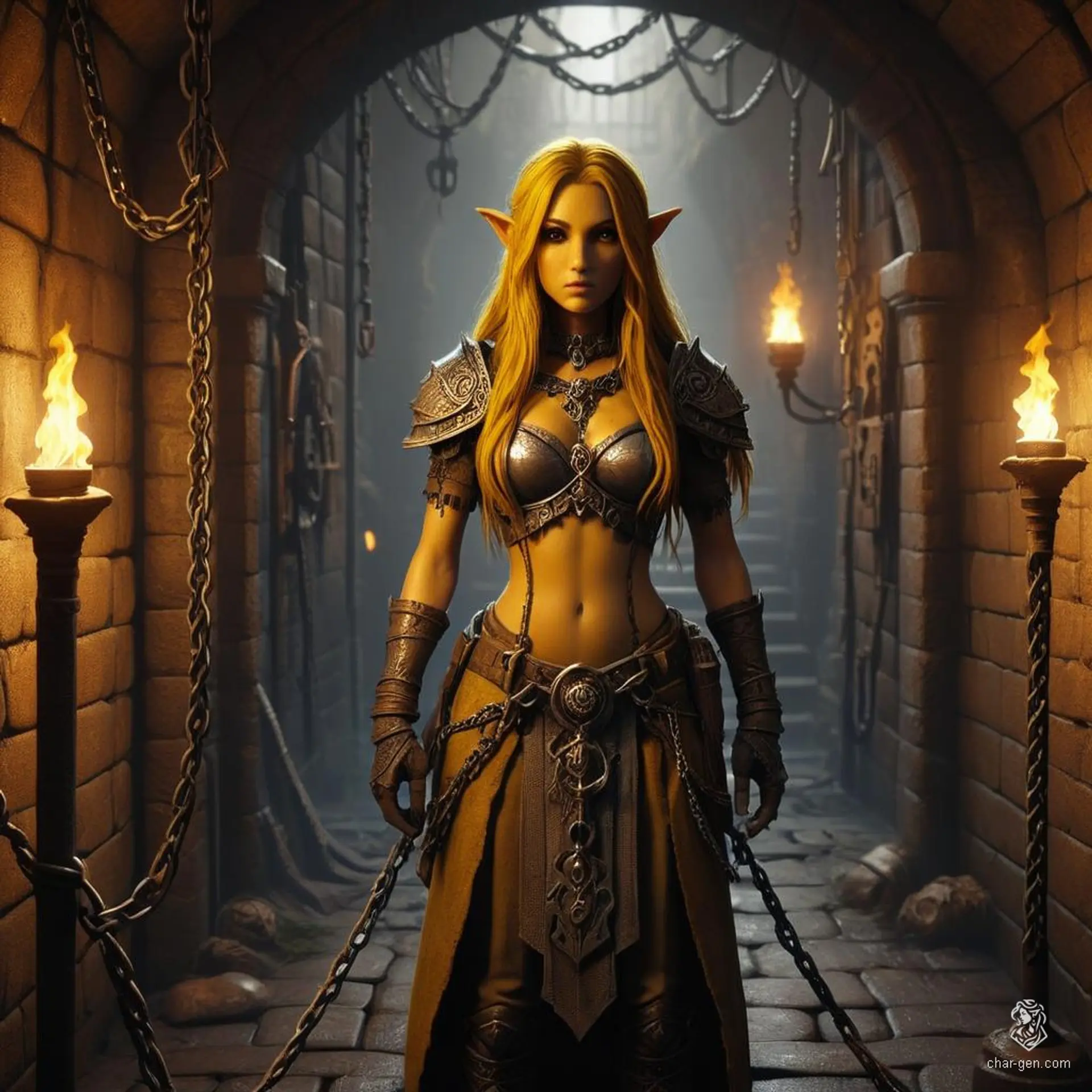 This tall, gaunt githzerai stands out with its rough, yellow skin and russet hair. Its small, flat nose adds to the unique appearance of this nimble and wise creature from the planes.