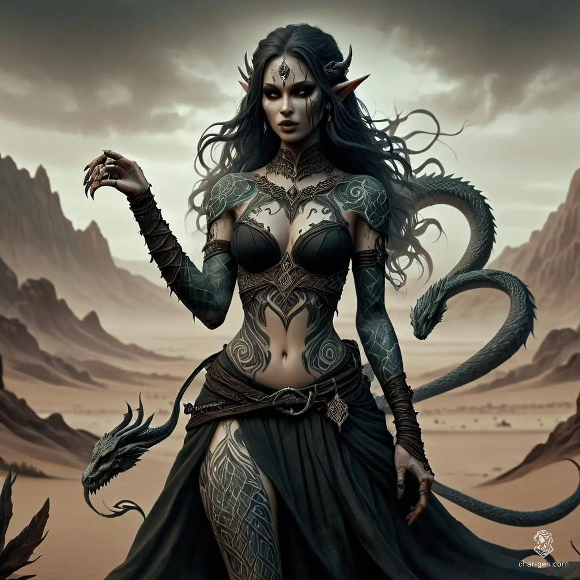 A mystical female naga with an elf-like torso, adorned in enchanted garments and intricate tattoos. Her serpentine lower body and scaled, snake-like features exude an aura of magic, embodying a powerful sorcerer marked by arcane sigils.