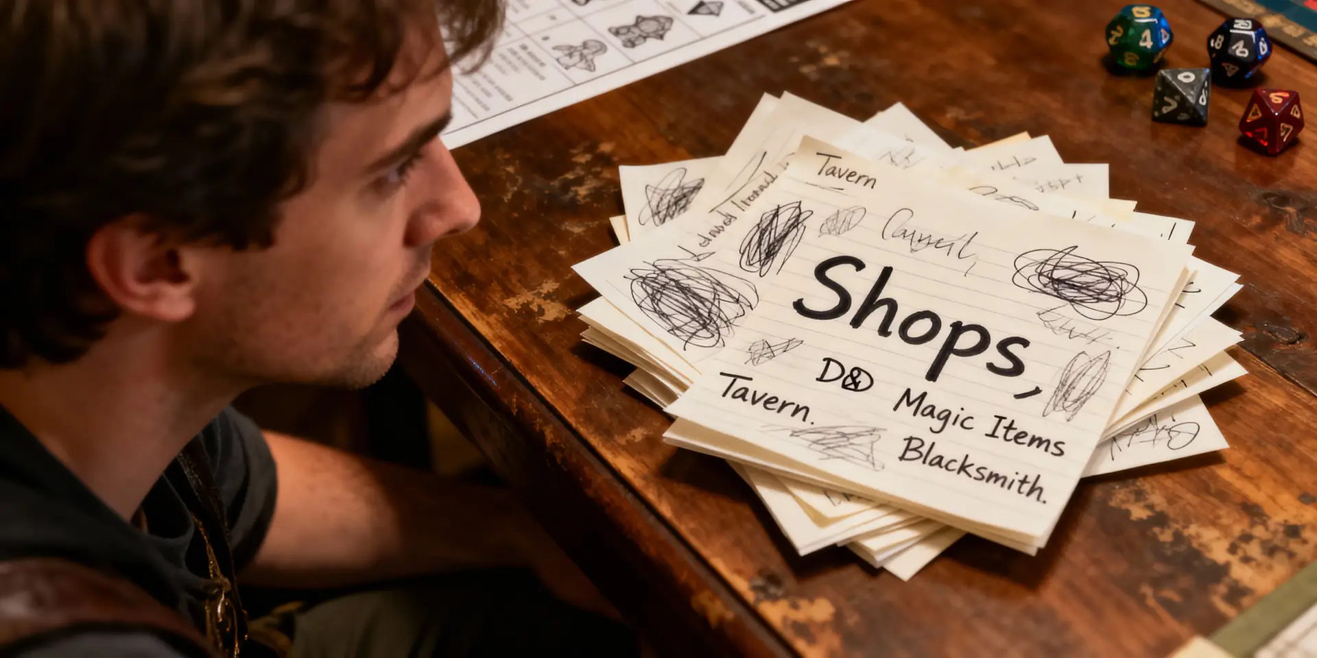 A DM at a table with players, looking at shop inventory notes