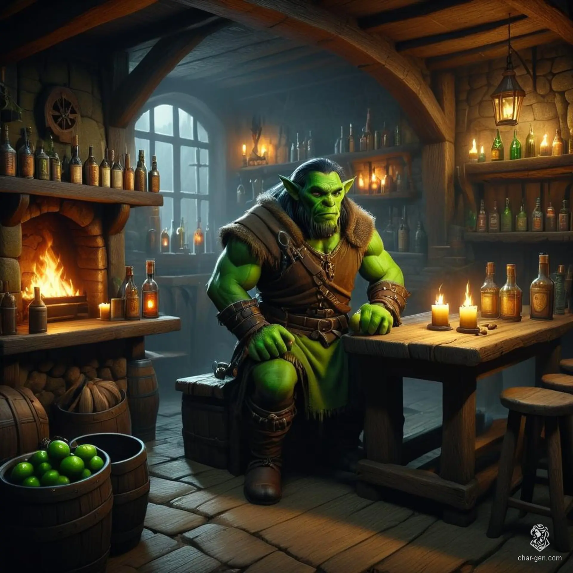 A half-orc, half-human with a moderate build, this innkeeper blends their human facial features with the distinctive tusks and green skin of orcs. Managing their tavern with a bartender's apron, they expertly juggle patrons, rooms, and meals.