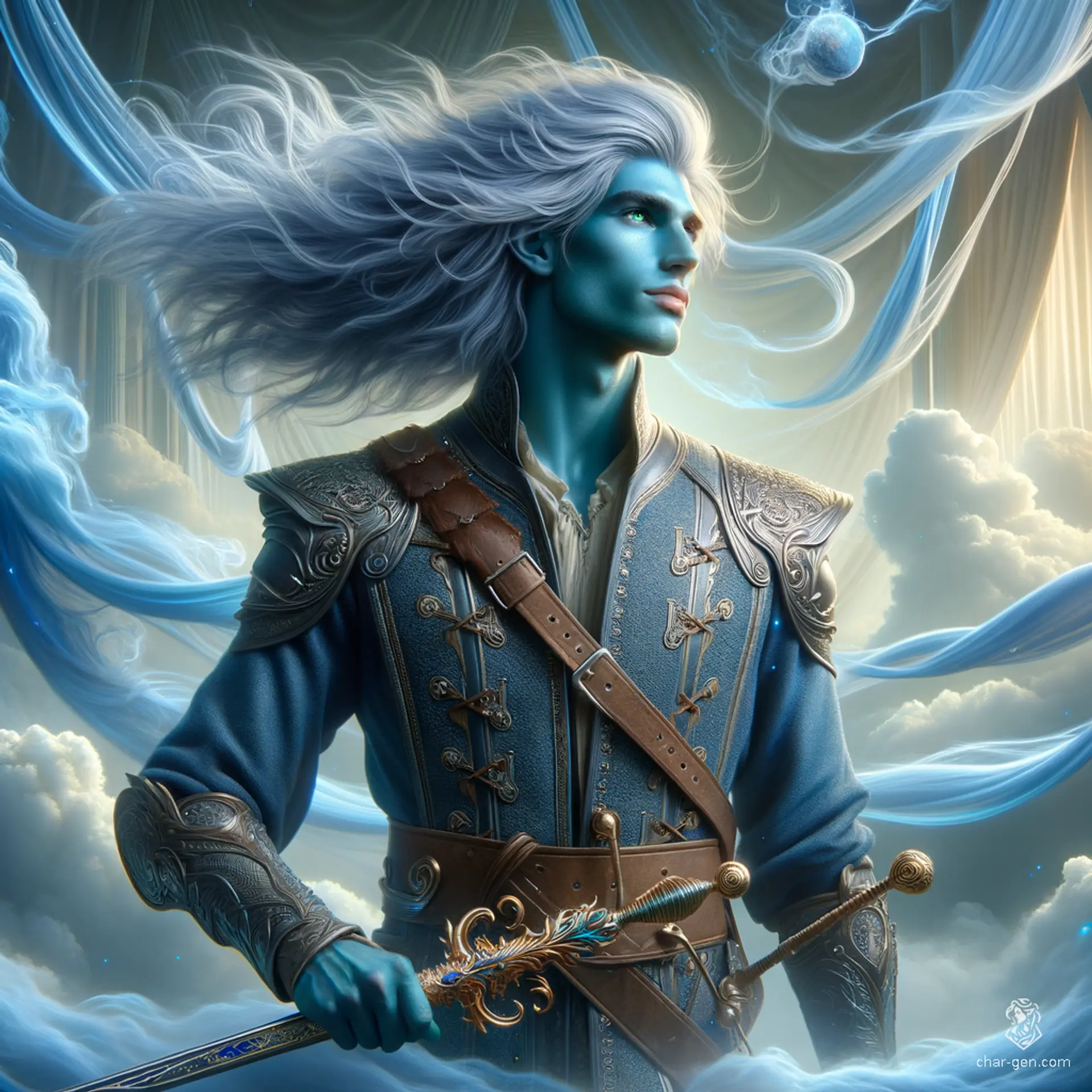 Breezen Aeolus is an enchanting air genasi bard, standing at 5'10" with striking sky blue skin and storm cloud grey hair. Wielding a rapier and a magical instrument, he captivates audiences with his nimble movements and charming presence, embodying the winds' playful spirit.