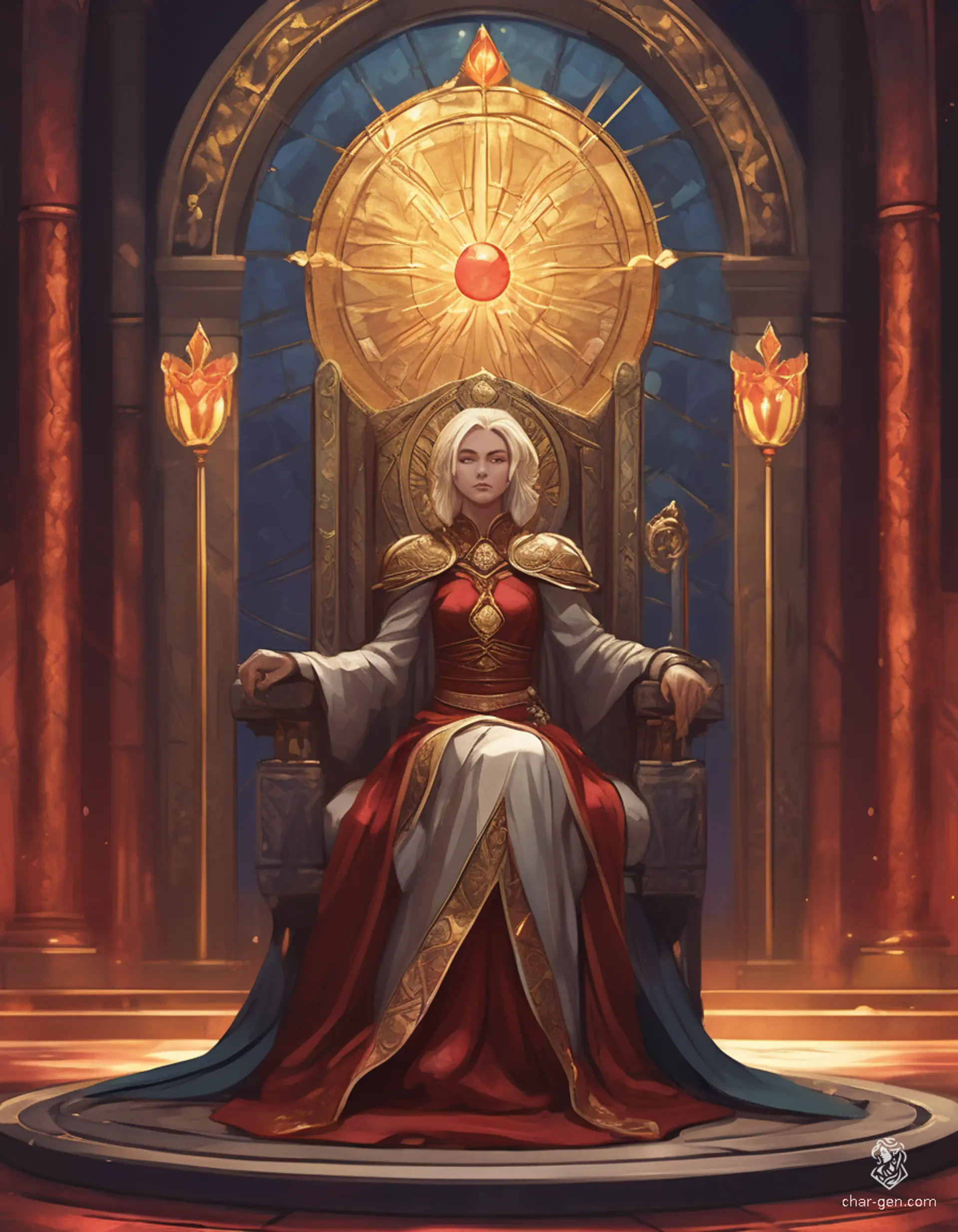 Loralyn, a serene Aasimar monk and baroness, exudes an ethereal presence in her throne room. With radiant golden eyes, short blond hair, and a soft celestial glow, she balances elegance and power. Poised with her glowing quarterstaff, she embodies unwavering resolve against the encroaching darkness.