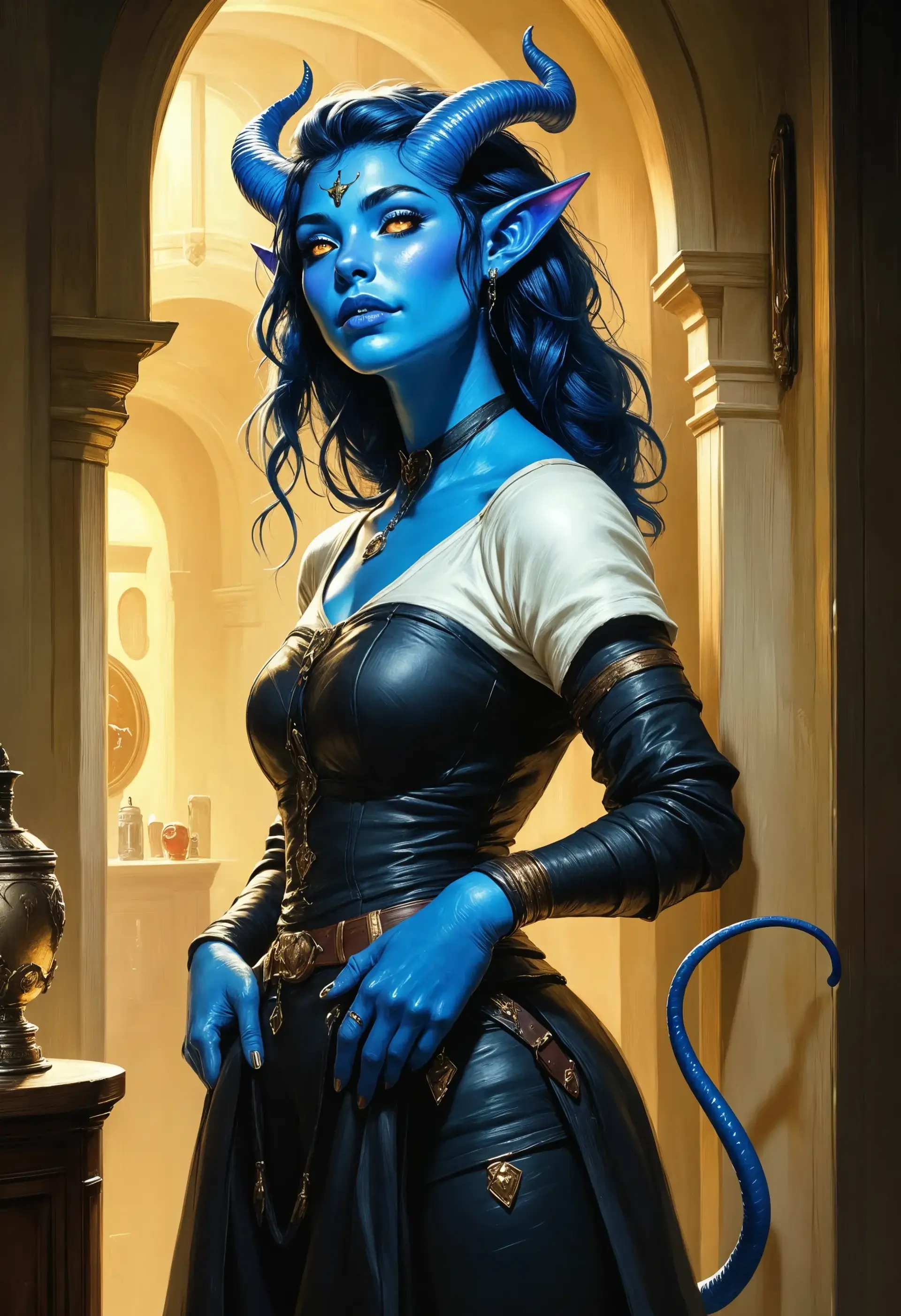 A striking young tiefling with flowing navy blue hair and distinct blue skin, she possesses elegantly curved horns and a sinuous tail. Her fiendish features are accentuated by her vibrant complexion, blending human grace with infernal allure in a world where magic and mystery reign.