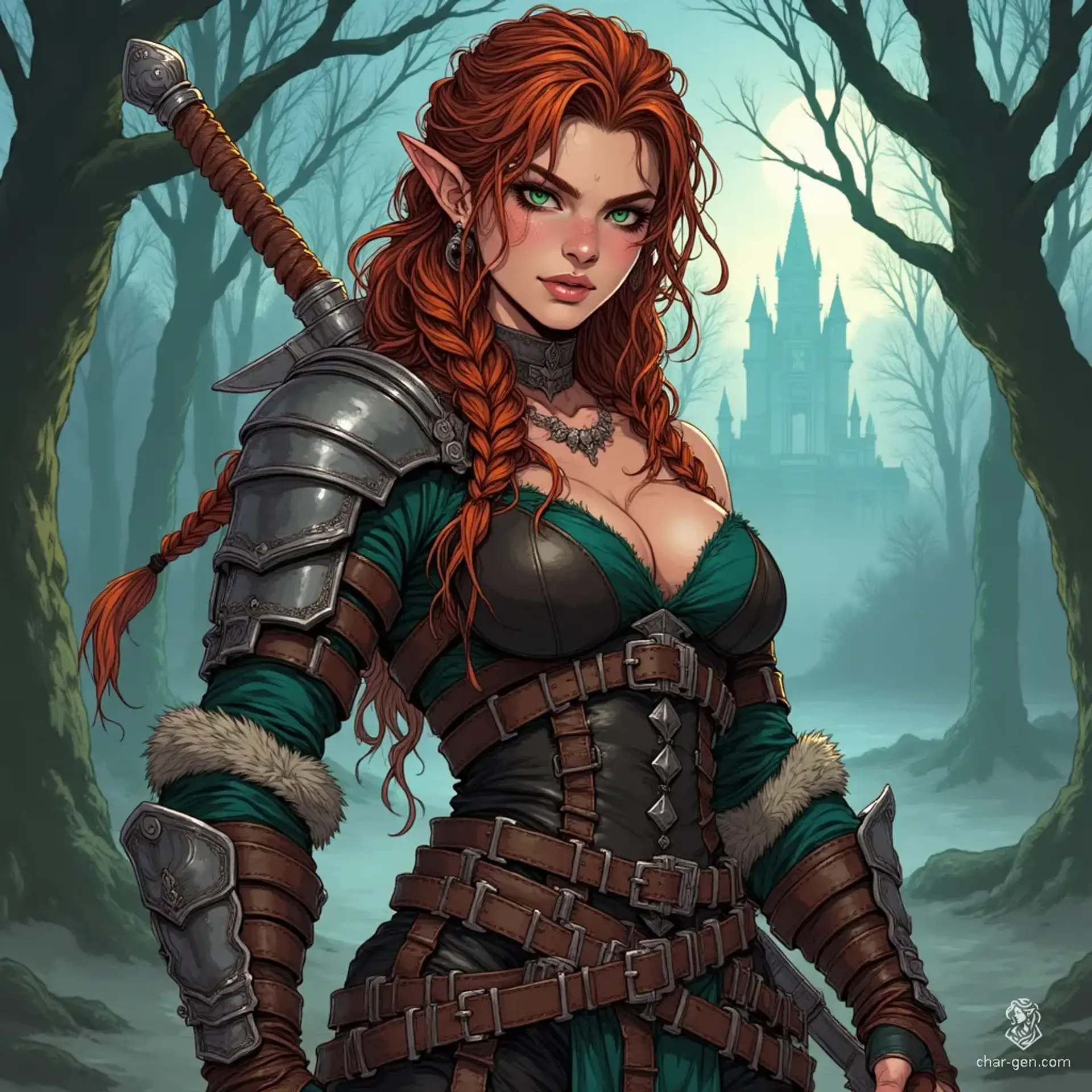 El-Laenora "Laea" Swiftshadow is a captivating wood elf rogue, standing 5'6" with athletic grace. Clad in intricately detailed leather armor that reveals her midriff, she wields a rapier with nimble precision. Her bold cherry-red hair is intricately braided, framing her emerald eyes that gleam with mischief, perfect for hiding in shadows.