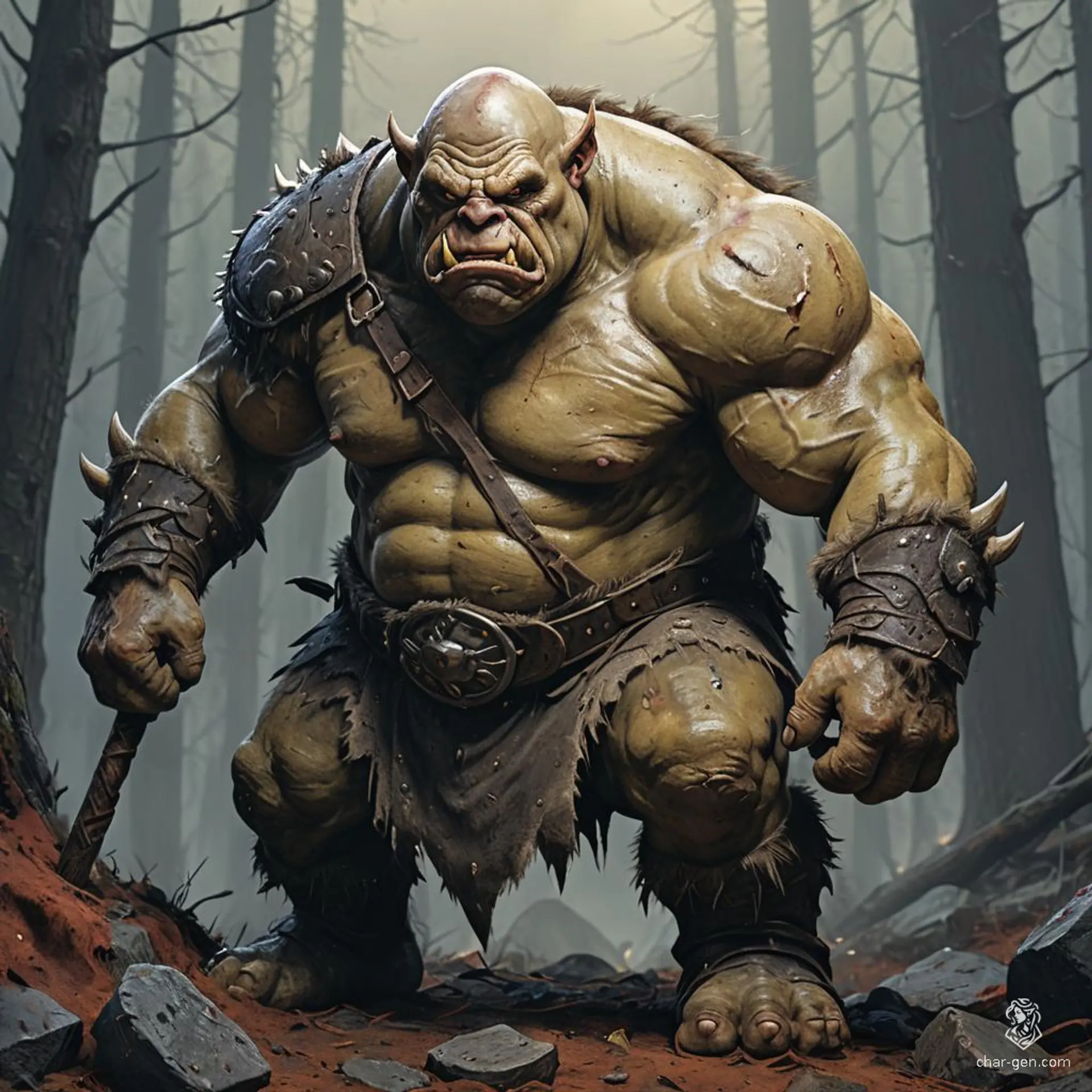 A corrupted, super muscular male ogre with a hideous man-like build and bald head, this enraged bandit prowls in tattered leather armor. His diseased, pale skin and jagged yellow teeth add to his feral, fat, and gluttonous appearance. Wild and rugged, he's marked by old scars and a pouch of stolen coins.