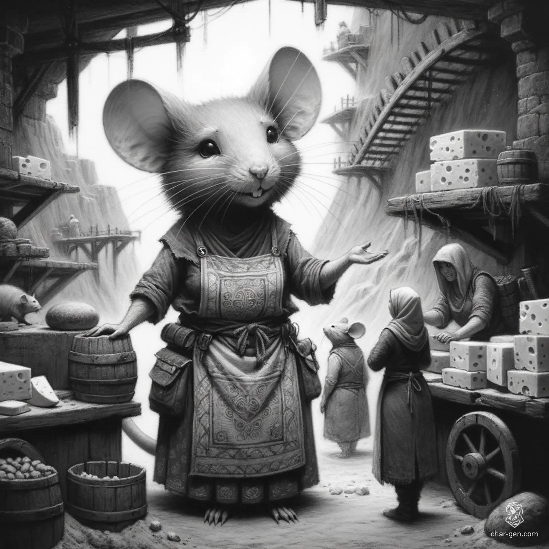 Meet Miri, a savvy female ratfolk shopkeeper with twitching whiskers and bright, beady eyes. Nestled in her cozy cheese shop, she expertly barters exotic cheeses and delightful rat-made trinkets, charming customers with her quick wit and infectious enthusiasm.