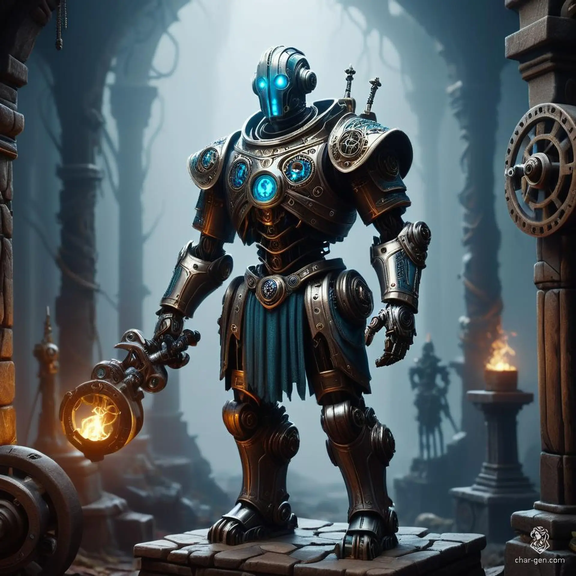 A warforged guardian, this stone statue stands blocky and imposing with glowing blue filigree. An anthropomorphic medieval fantasy robot, it combines wood and metal with intricate gears, pulleys, and a hint of magic, offering a unique blend of ancient craftsmanship and arcane power.