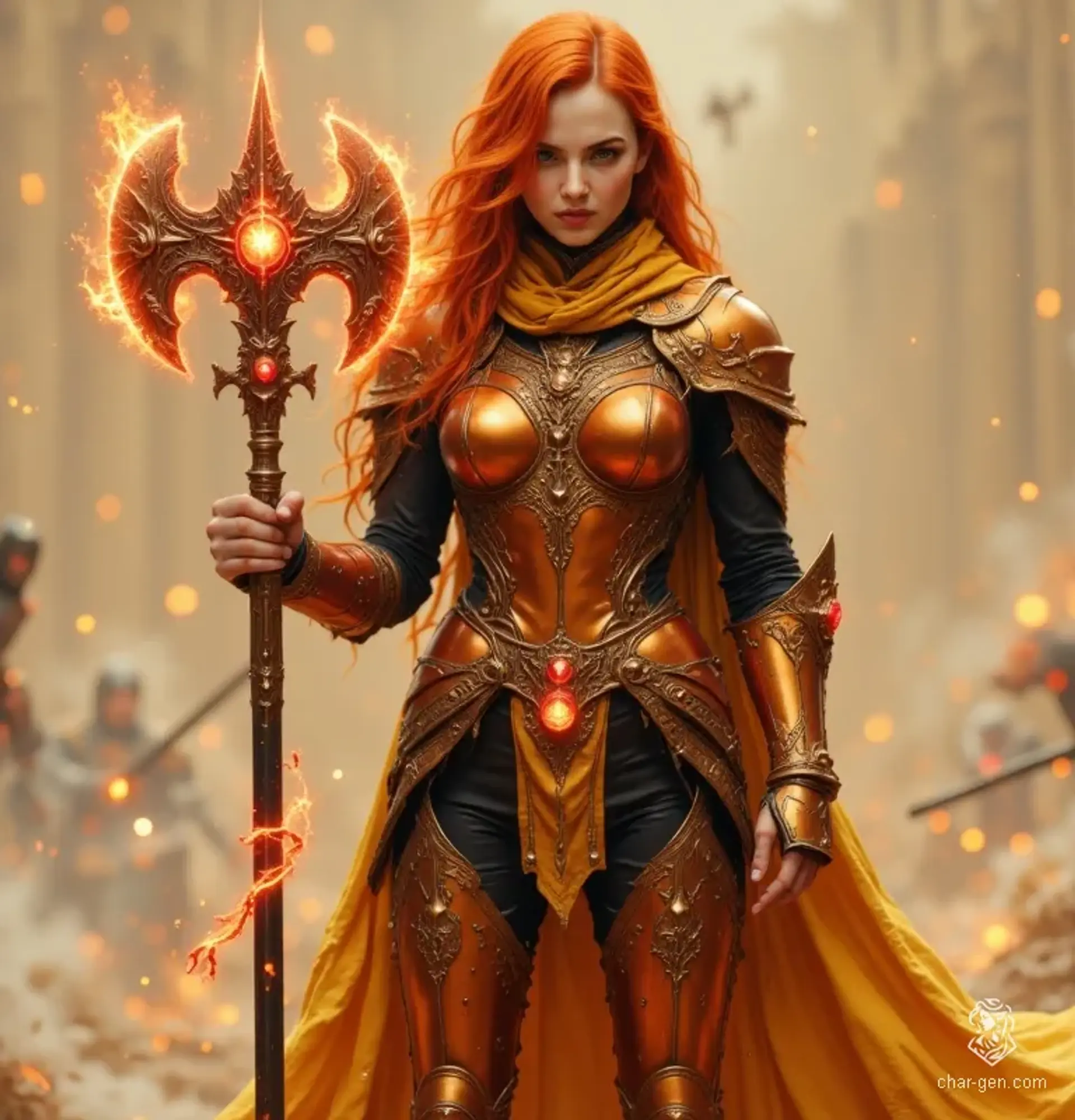 Amelia, a determined human cleric, dons gleaming copper armor etched with glowing divine runes. Her flowing light orange hair contrasts her sleek black leotard, while her magical mace pulses with mystical energy—embodying a serene yet heroic presence in a richly detailed fantasy realm.