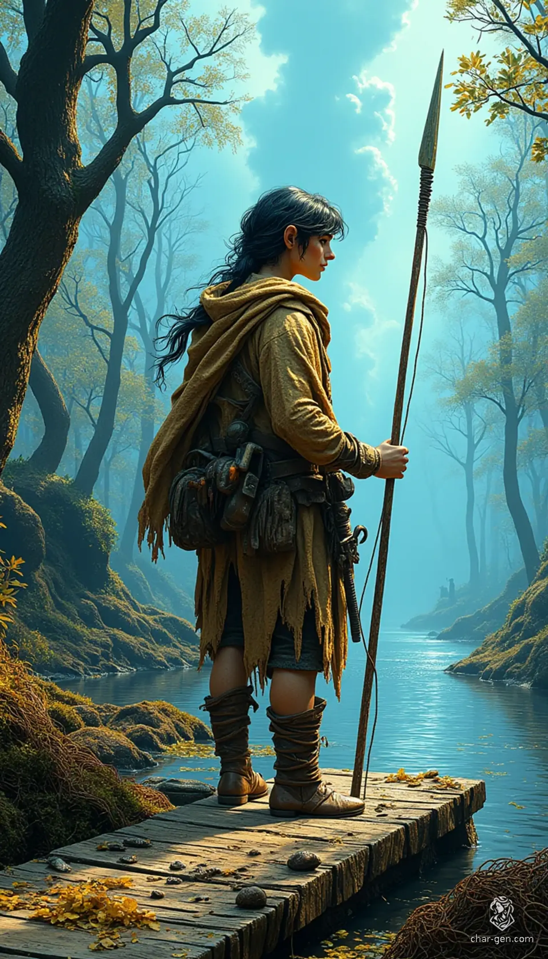Meet a strong and athletic male hobbit, standing just above three feet tall. With jet black hair and distinct tan skin, he dons weathered hides while expertly wielding a barbed fishing spear. A skilled ranger and fisherman, he navigates his world with keen eyes and rugged determination.