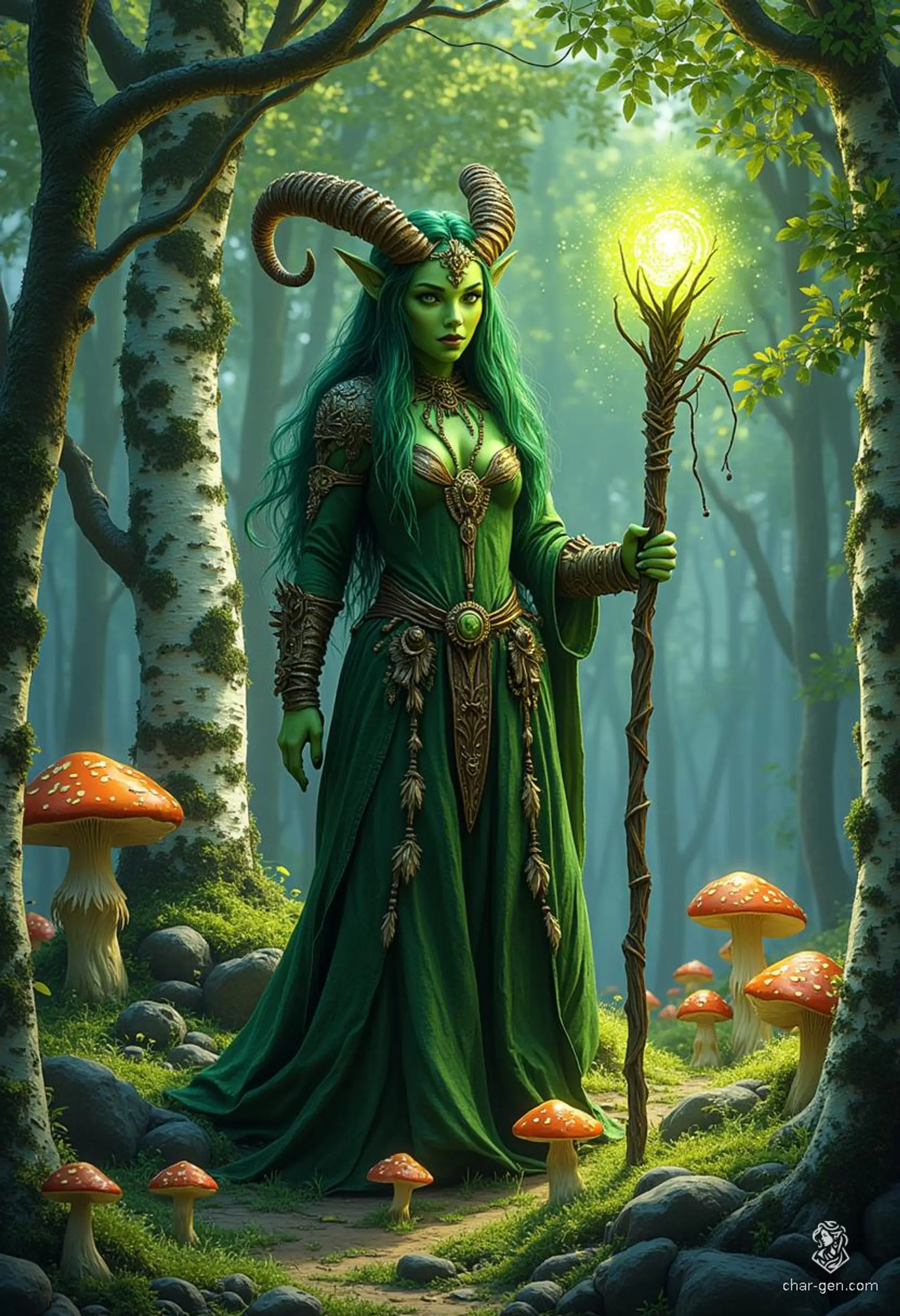 Lilith Valmoira, a wise and resilient tiefling druid with vibrant green skin and striking horns, roams the cursed valley of Barovia. Adorned in intricate hides and wielding a nature staff, she finds solace in her animal companions and a deep connection to the earth, seeking peace in a world marked by turmoil.