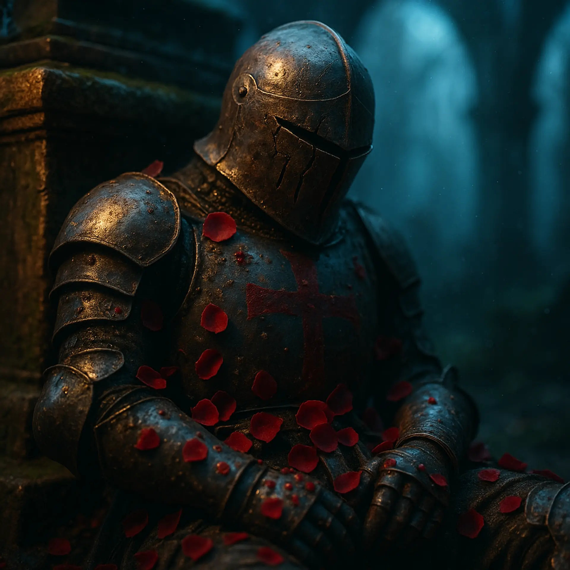 A fallen templar, battered and weary, sits against a moss-covered sarcophagus in a ruined church. Blood-dark crosses fade on his cracked visor and dented armor, while crimson rose petals lie scattered under ethereal blue dusk light, evoking a somber, haunting stillness.