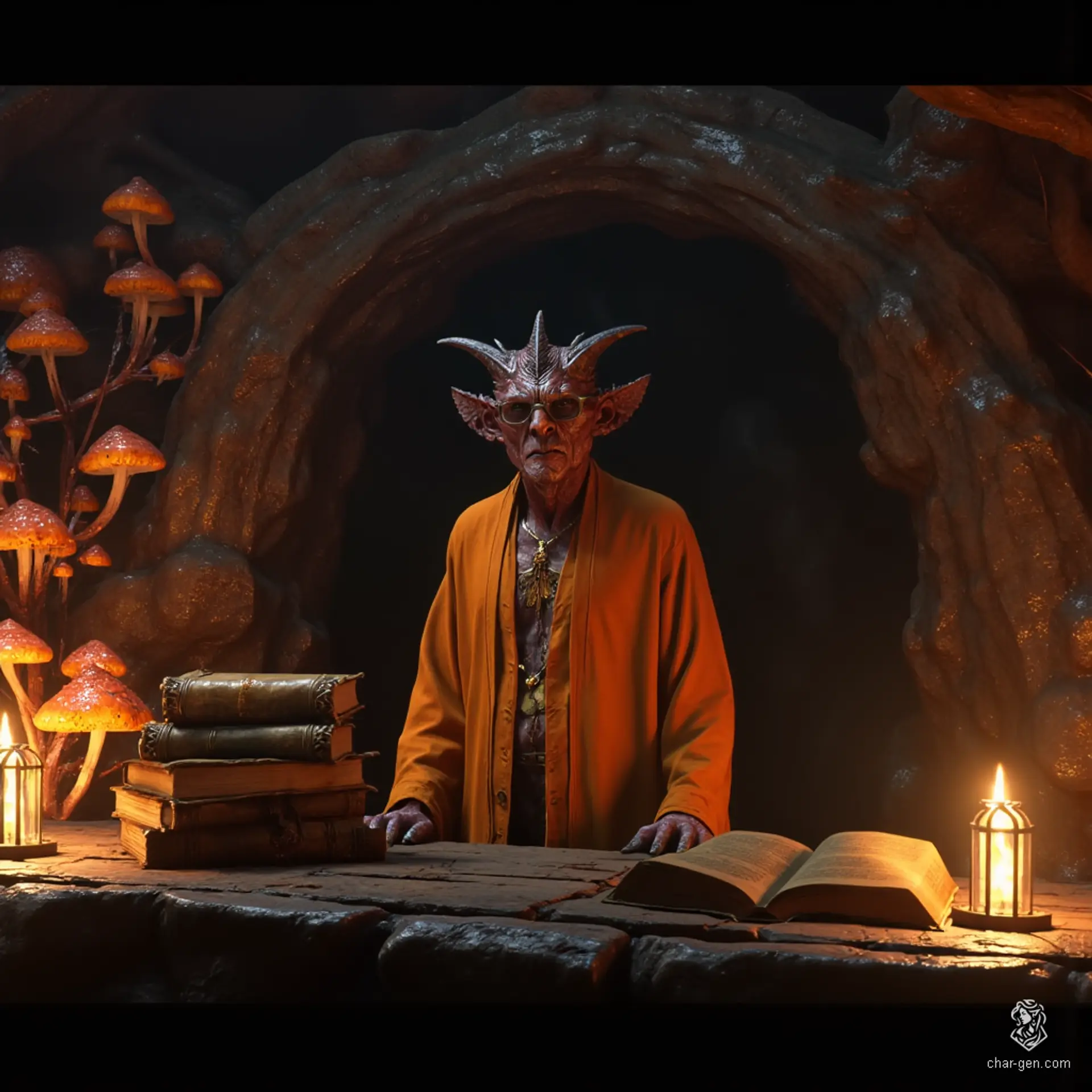 In a dimly lit cave, a serious demon donning small, old-fashioned reading glasses peruses ancient tomes. Clad in a flowing orange robe and adorned with a medallion, his dry demeanor reflects an uptight nature, as flickering candles cast shadows around his studious sanctuary.