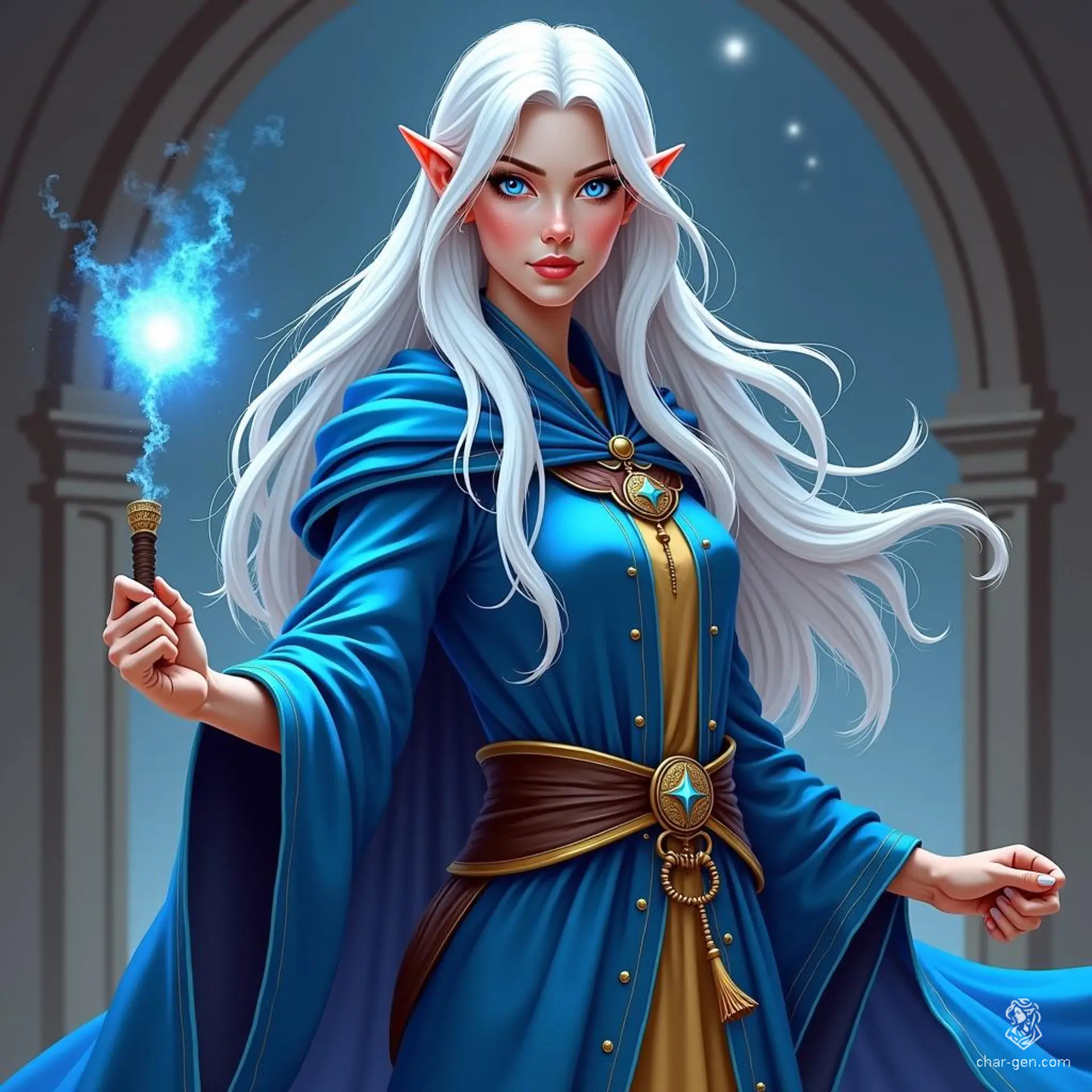 A graceful female elf wizard, with flowing long white hair and piercing blue eyes, dons elegant mage robes adorned with intricate runes. As a scholar at a prestigious magic school, she wields powerful spells, blending intelligence and artistry in her pursuit of arcane mastery.