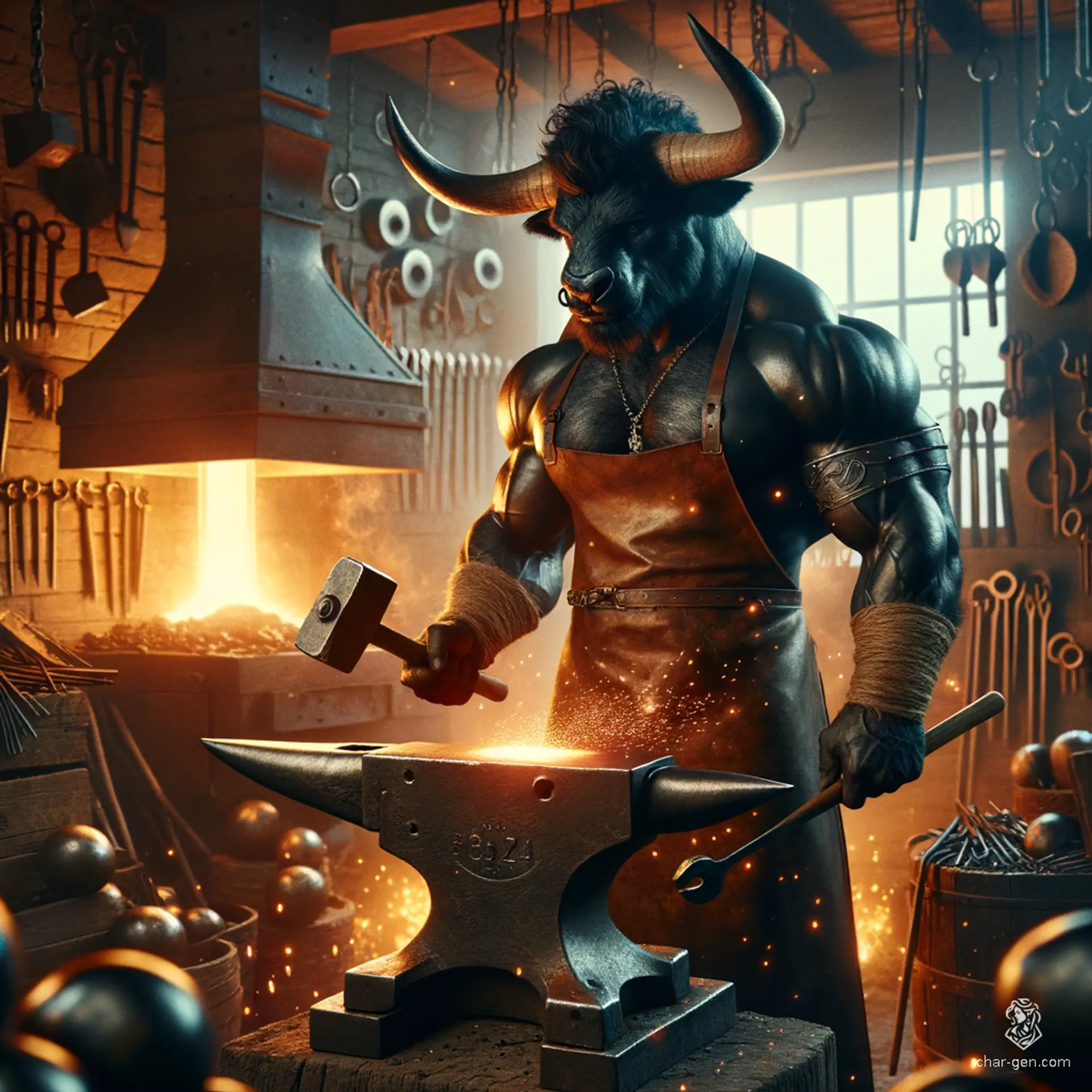 A dark-skinned, muscular male minotaur with a mohawk, stands confidently in his forge. Surrounded by anvils and hammers, he works as a blacksmith, crafting weapons with strength and precision. His imposing anthropomorphic form boasts horns, hooves, and a snout.