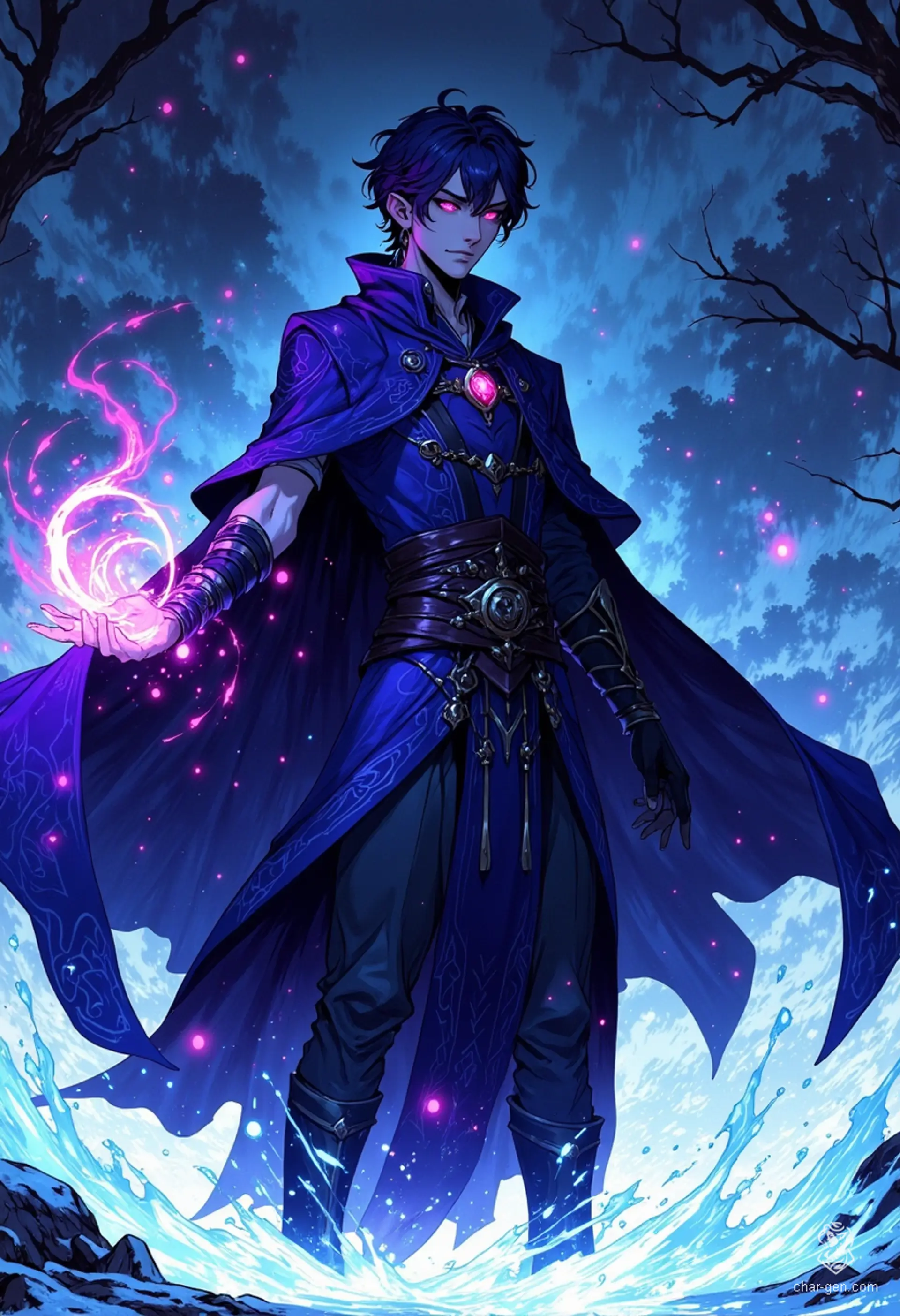In a magical realm, a slender male sorcerer stands poised in an icy field, his dark blue robe billowing in the frigid wind. With glowing violet eyes and short, dark purple hair, he channels elemental magic, lightning crackling from his outstretched hands, embodying both beauty and power.