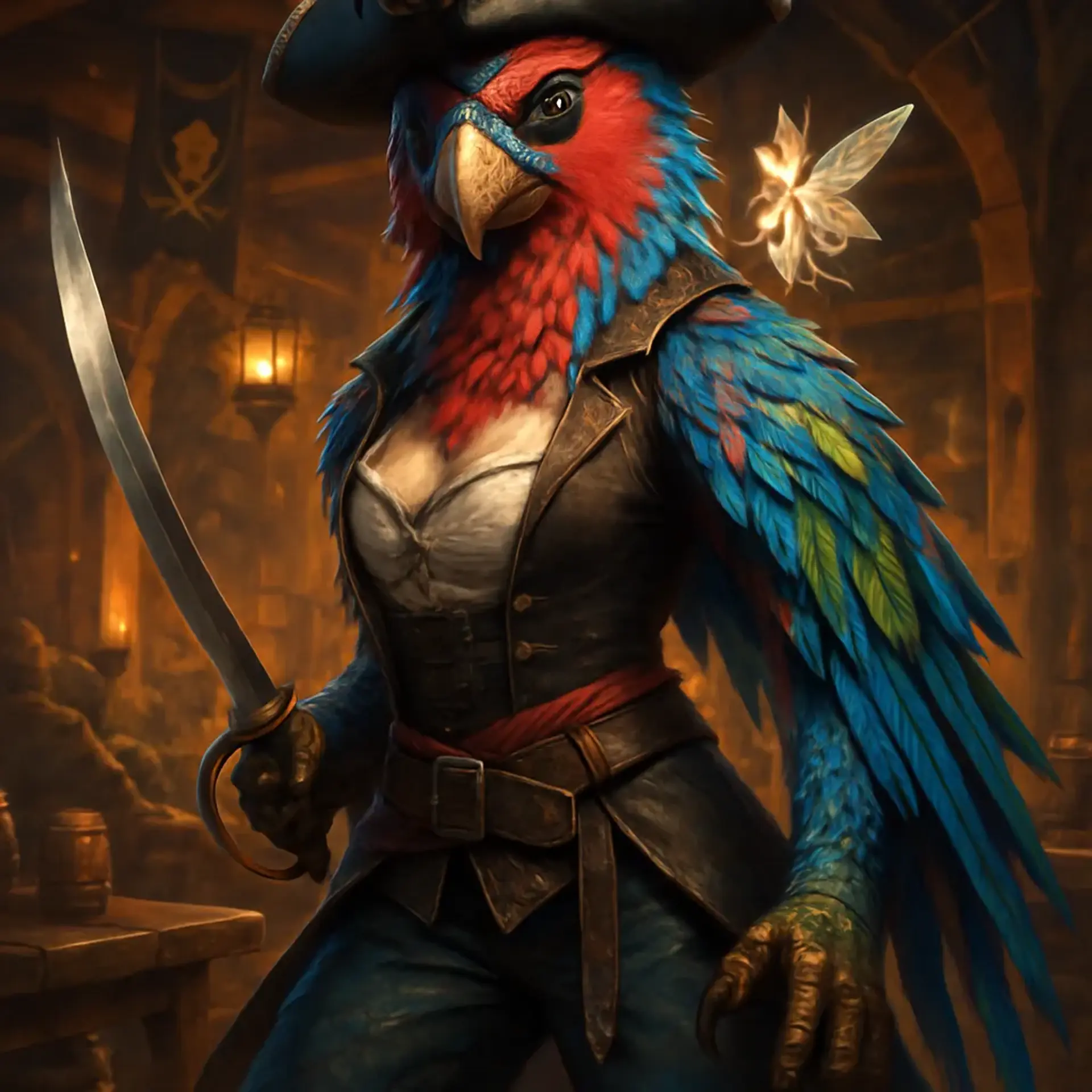 A colorful female aarakocra pirate in her 30s, marked by vibrant parrot-like plumage and a striking eye patch. She wields a cutlass with skill, a mischievous fairy perched on her shoulder, and sails the seas in search of treasure—undaunted and fierce, yet no hat shadows her sharp gaze.