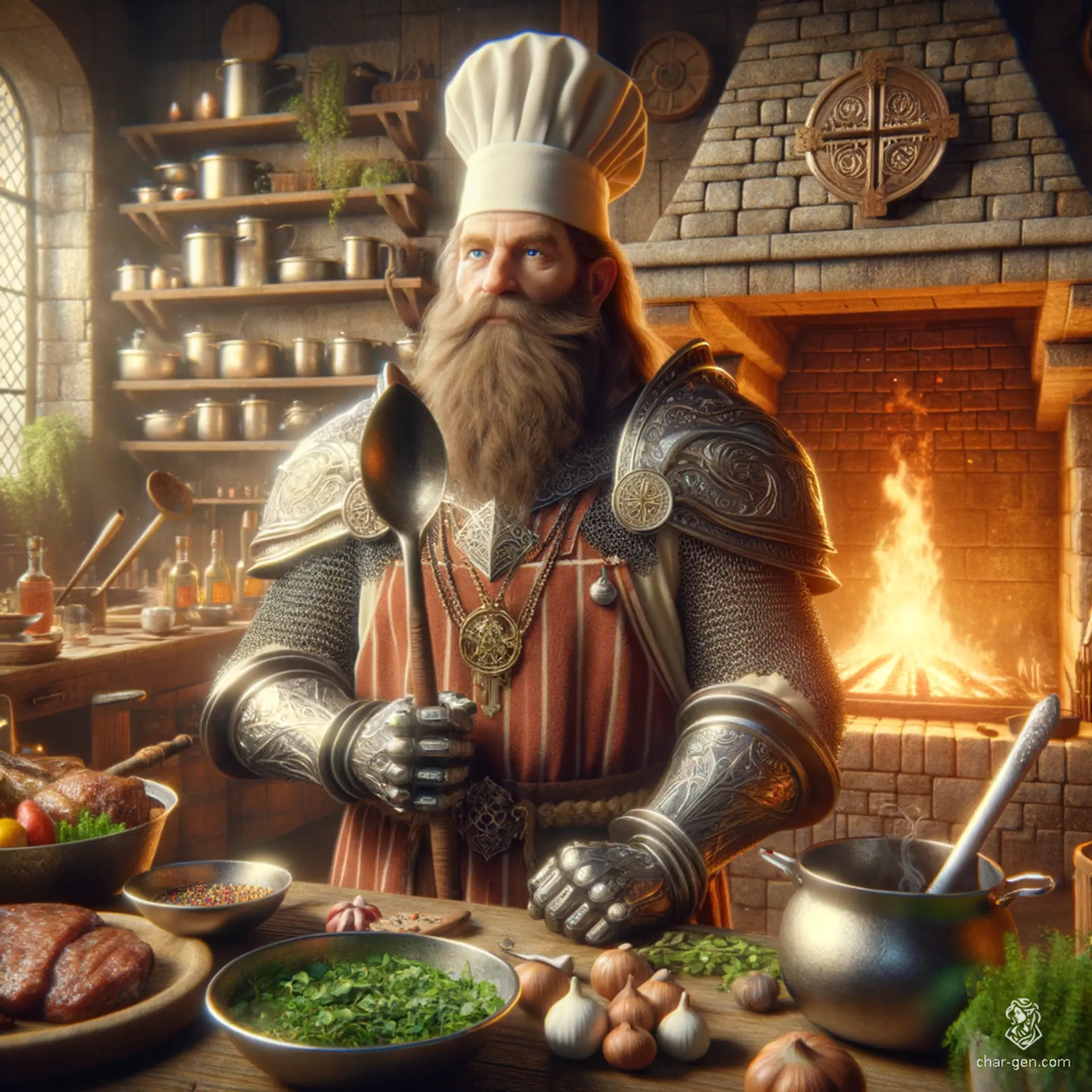Rorden Gamsey, a gruff yet serene 64-year-old dwarf cleric, boasts a robust build at 4'7" with tanned brown skin, ruddy cheeks, and striking blue eyes. Wearing a chef's hat, he wields a larger-than-life spoon as his warhammer. A wise and generous guild artisan, Rorden aspires to prove himself the greatest artisan, though he harbors jealousy toward superior craftsmen.