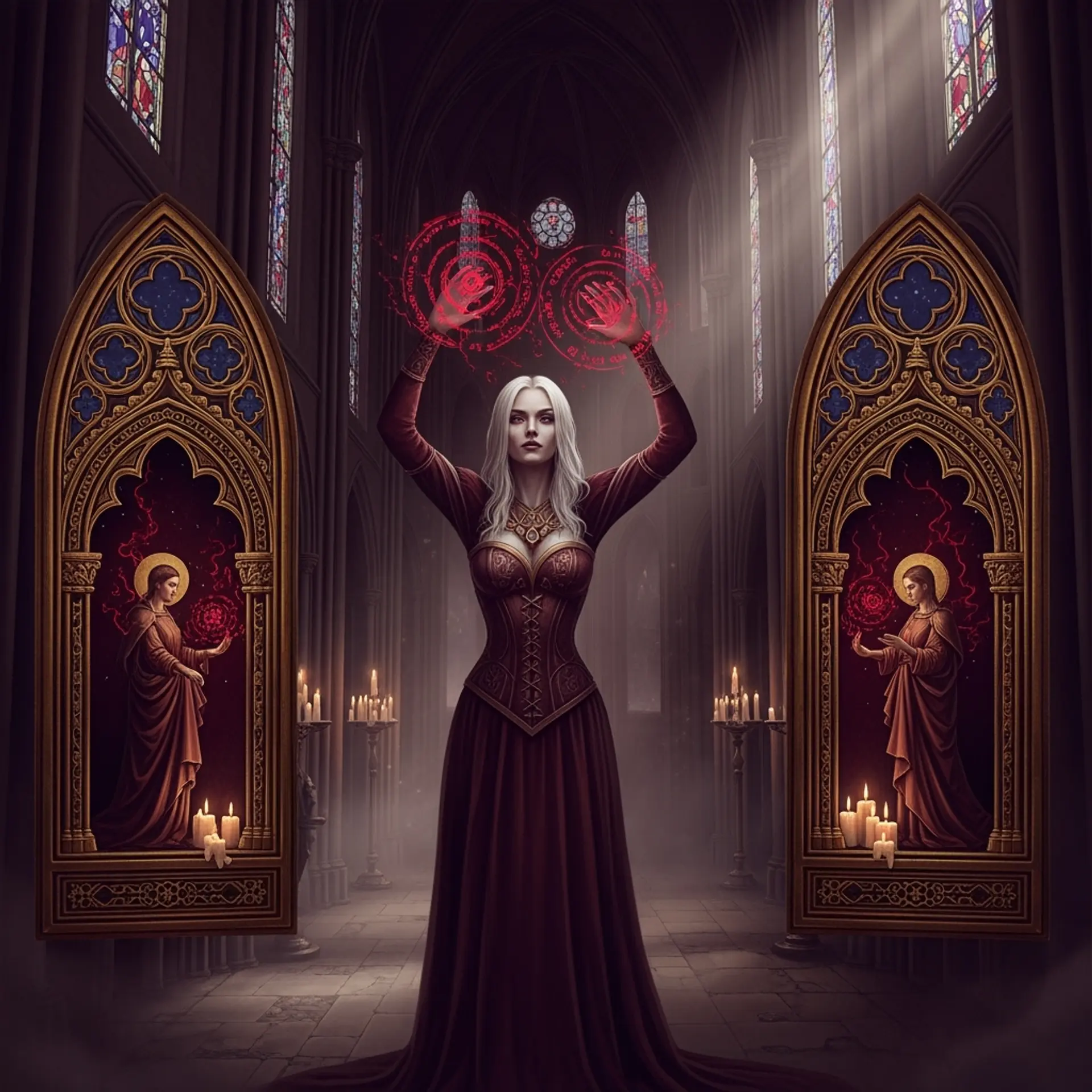 A pale female sorcerer clad in a corseted velvet gown channels crackling crimson arcane sigils within a towering candlelit Gothic cathedral. Bathed in moonlight and flickering candles, her elongated saintly form exudes brooding power amid jewel-toned stained glass and shadowed arches.