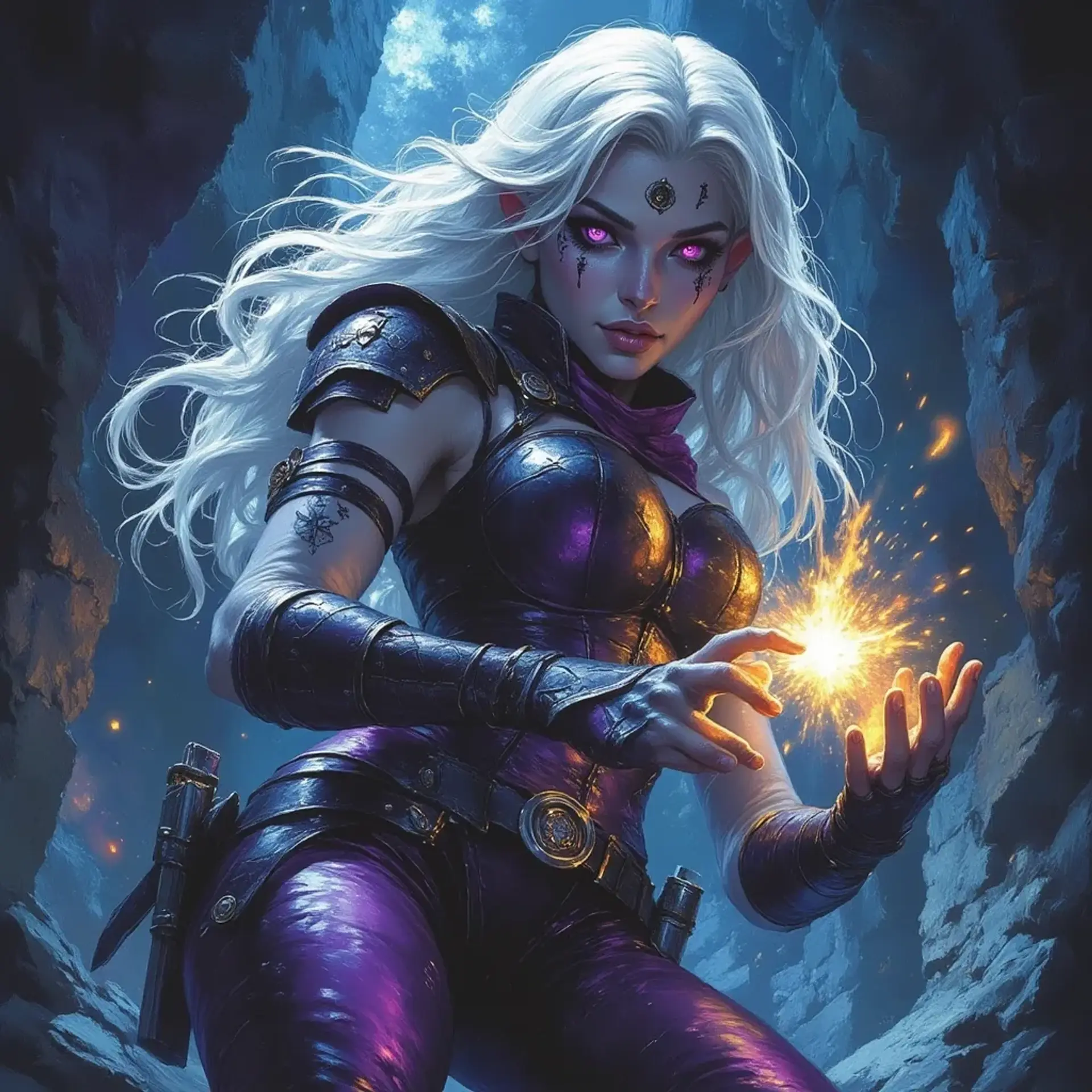 In the shadowy realm of Spelljammer, a tall, lithe fetchling sorceress weaves ethereal spells, her gray skin blending seamlessly into the darkness. With flowing silver hair and glowing starlit eyes, she commands shadowy tendrils, adorned in runic armor, as she navigates the mystical currents of her world.