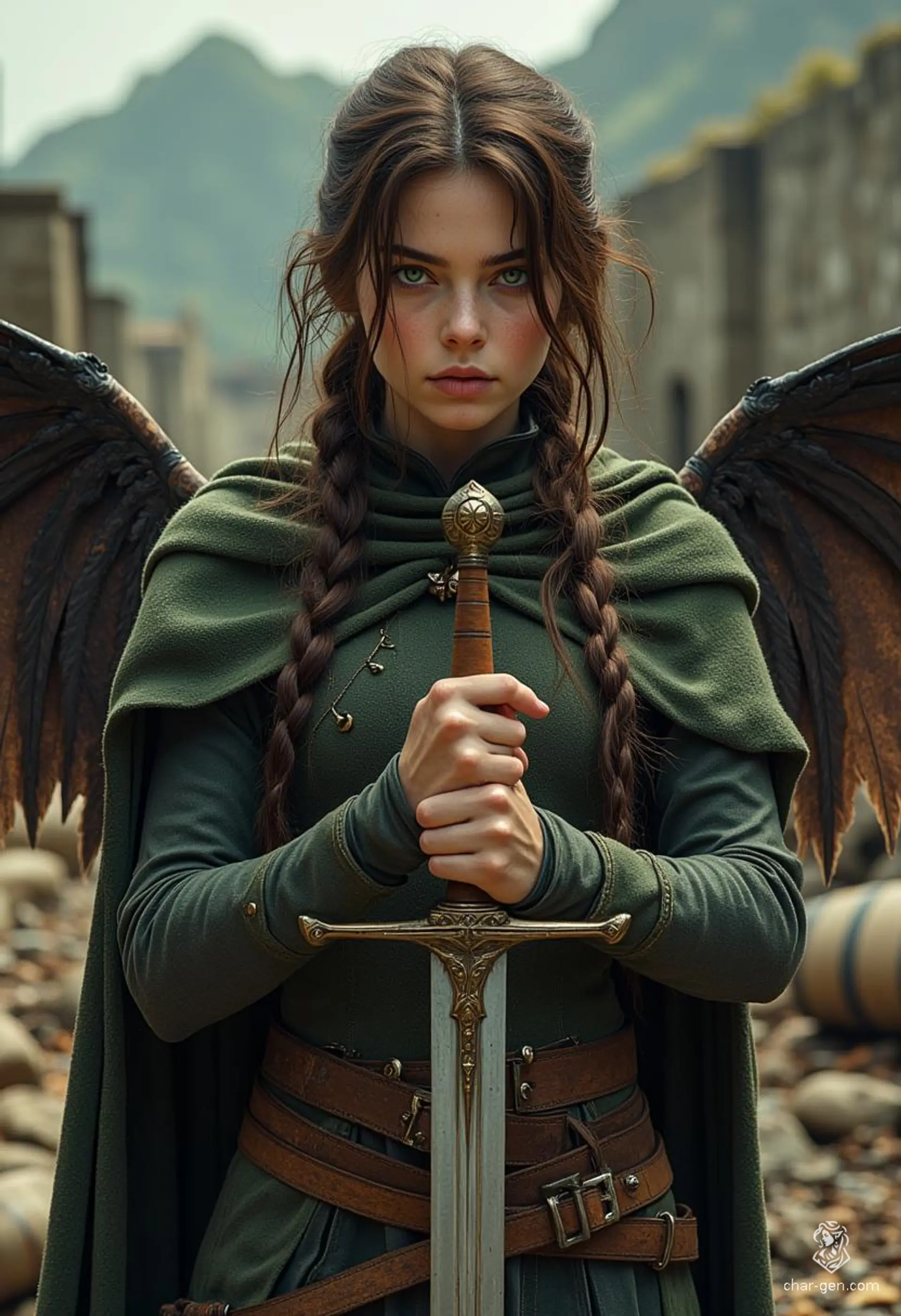 Miatte Derethian, a haunted yet resilient human fighter, showcases her prowess as a sword-fighting champion with a longsword in hand and a captivating winged cloak. Driven to vanquish monsters and protect the innocent, she navigates a world filled with spirits and challenges, embodying both charm and strength.