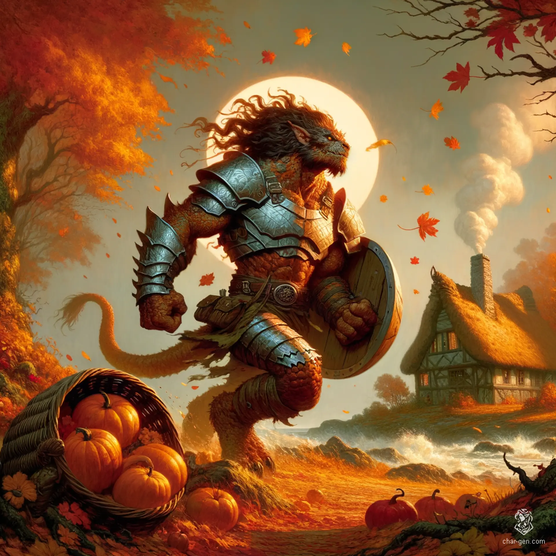 Luna is a fierce half-kobold, half-goloma fighter, sporting a muscular build and striking copper scales. Clad in steel breastplate and tattered leather armor, they brandish a gleaming steel shield mid-battle, their eight black eyes glinting with confidence, embodying the spirit of a hardened outlaw.