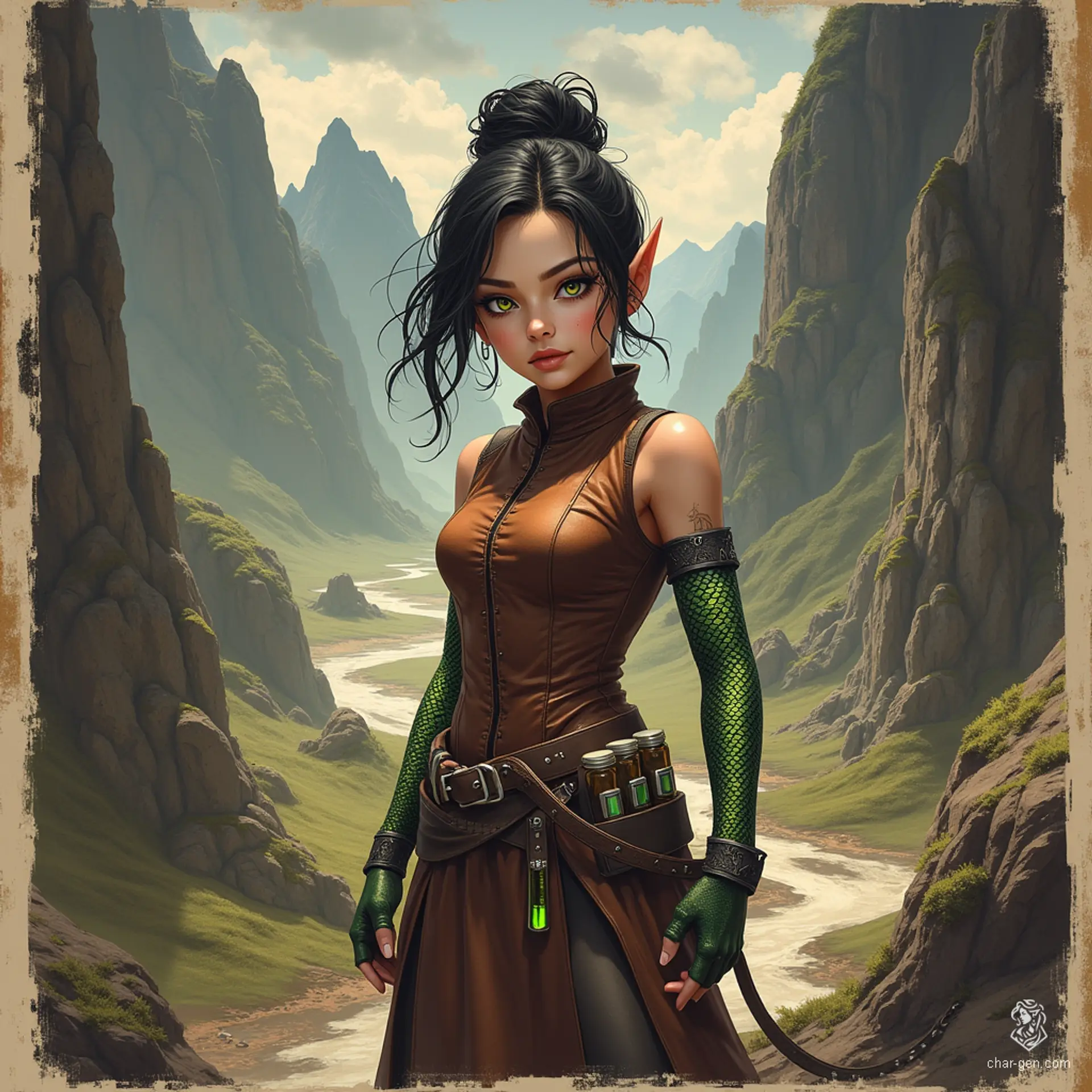 Izzy, the newly emancipated halfling assassin, is a perky yet deadly crossbow specialist. Standing at 1.5 meters, she possesses an alluring figure and snake-like yellow-green eyes. Adorned in a tight brown leather tunic, her shimmering green scales hint at her dangerous nature. With concealed daggers at the ready, she embodies stealth and cunning in her thrilling pursuit of prey.