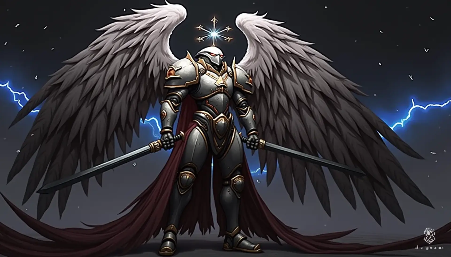 Amidst the battlefield stands a solitary warforge, a formidable cyborg clad in adamantium armor. With living metal wings unfurled and a glowing halo illuminating his face, he wields a massive towershield in one hand and a deadly arm blade in the other, ready to confront any foe.