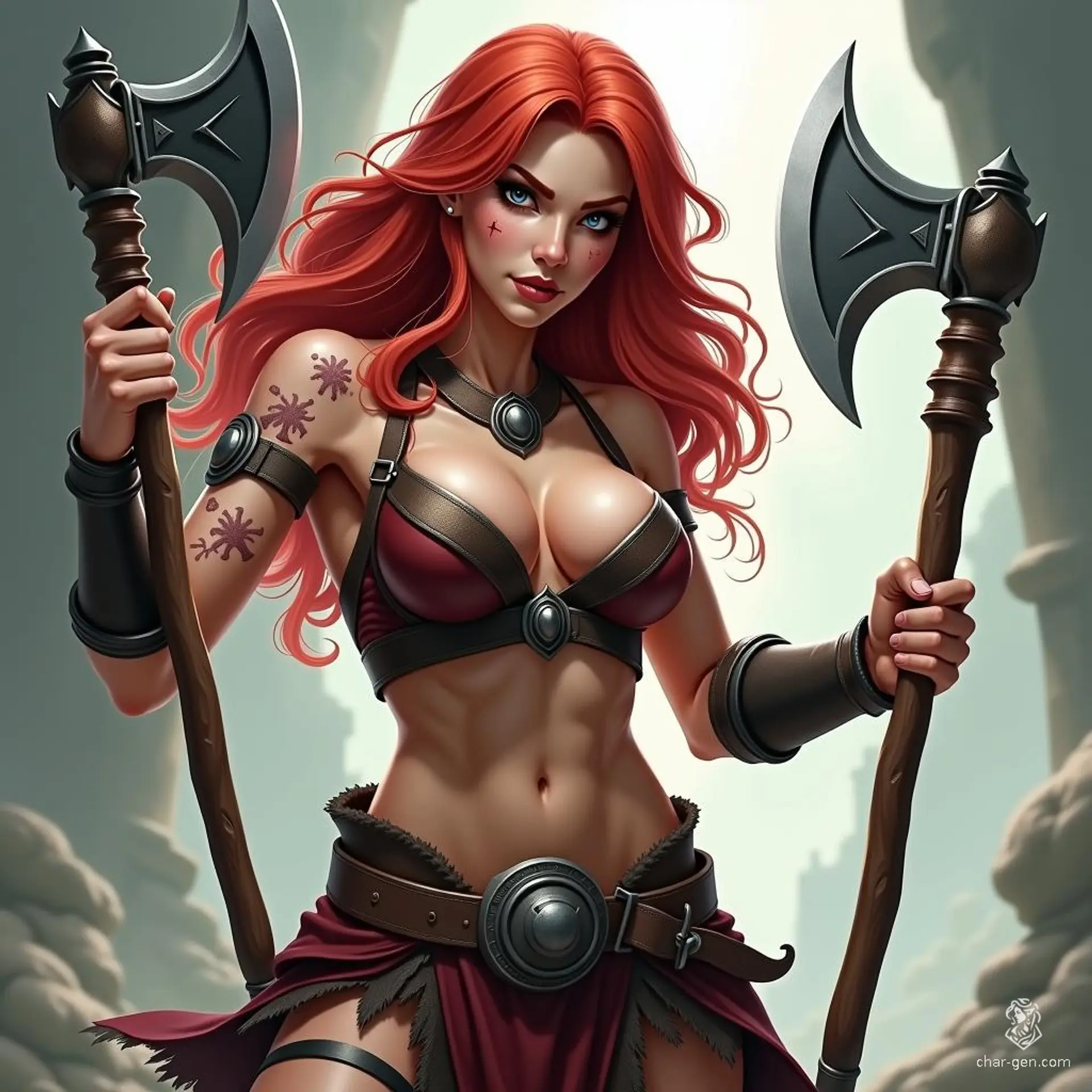A fierce, red-haired human female barbarian, brandishing twin axes with a strong, scarred physique. Her tough face exudes determination as she strikes an action pose, depicted in a realistic League of Legends art style.